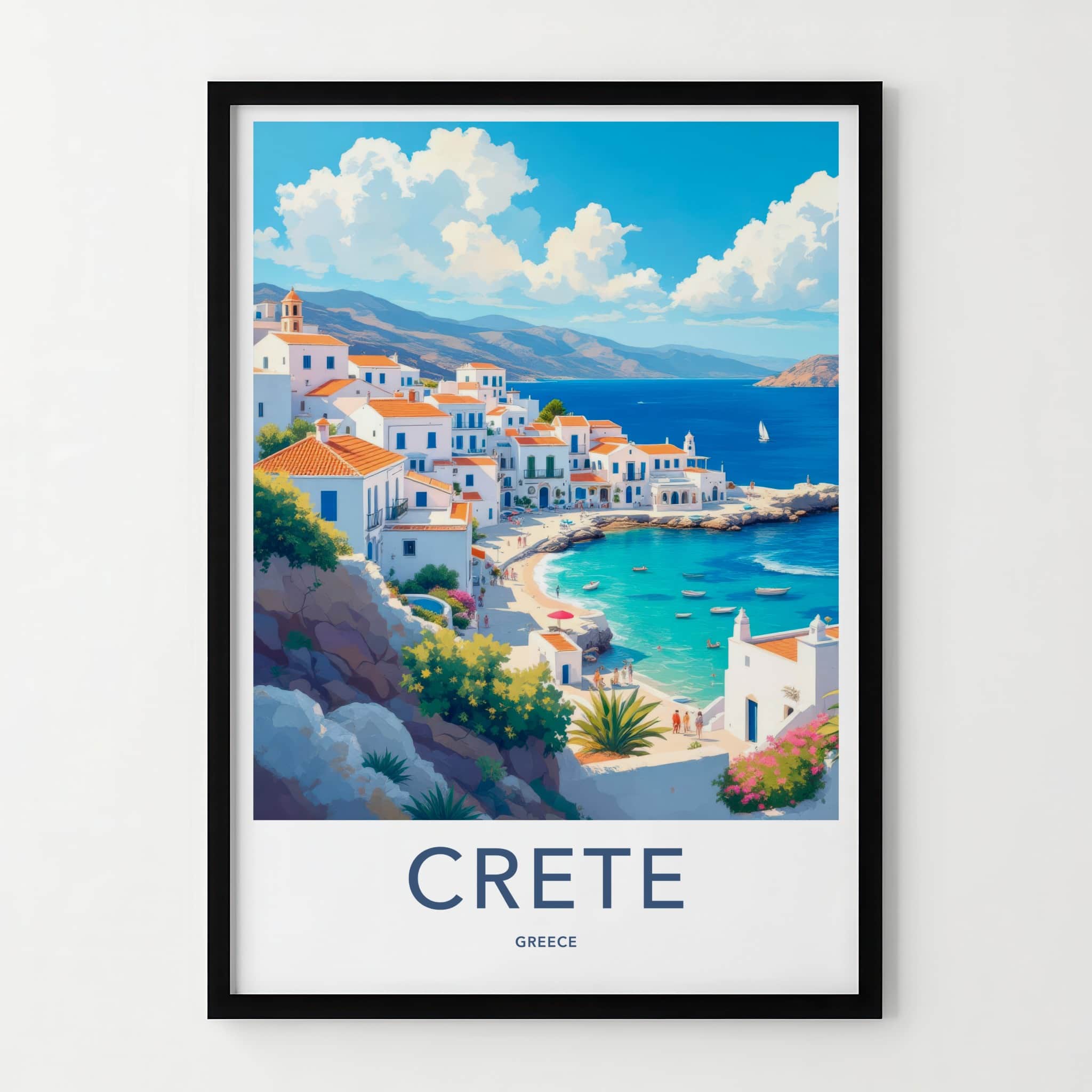 Crete Poster - Greece Travel Art - Whitewashed Seaside Village Home Decor
