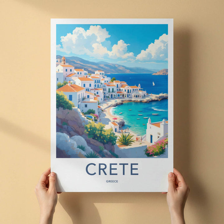 Crete Poster - Greece Travel Art - Whitewashed Seaside Village Home Decor