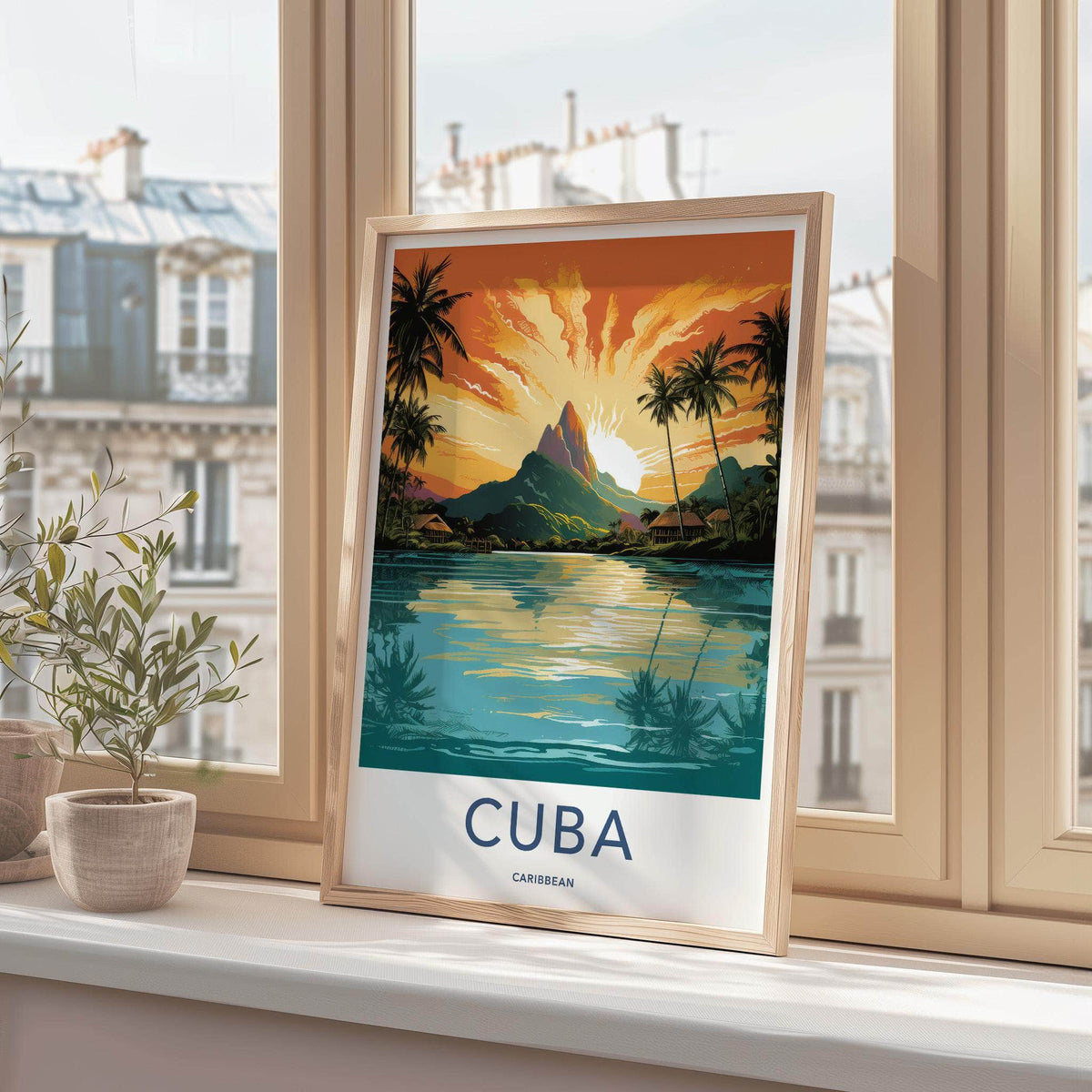 Cuba Wall Art - Vintage Cuba Print with Tropical Sunset Landscape