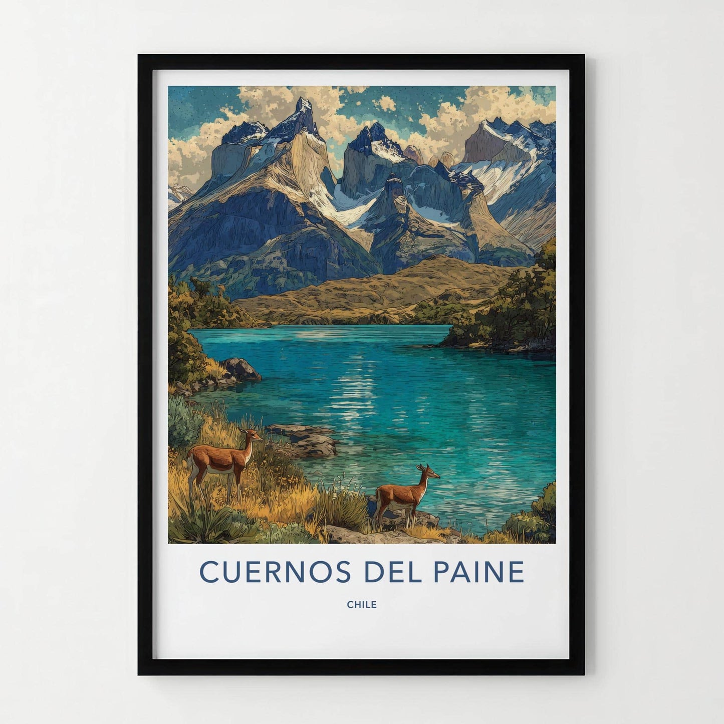 Cuernos del Paine Poster - Chile Travel Art - Mountain Lake Deer Home Decor