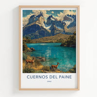 Cuernos del Paine Poster - Chile Travel Art - Mountain Lake Deer Home Decor