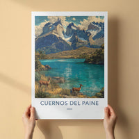 Cuernos del Paine Poster - Chile Travel Art - Mountain Lake Deer Home Decor