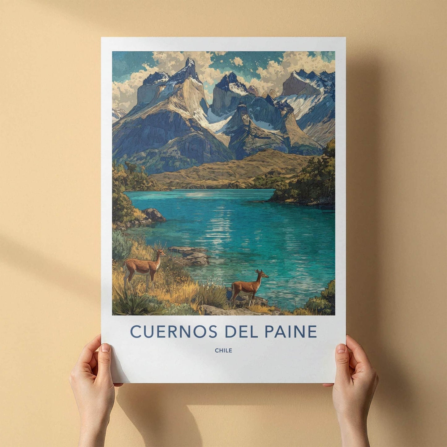 Cuernos del Paine Poster - Chile Travel Art - Mountain Lake Deer Home Decor