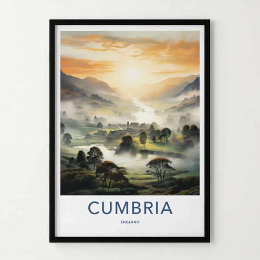 Cumbria Poster - England Travel Art - Misty River Village Home Decor