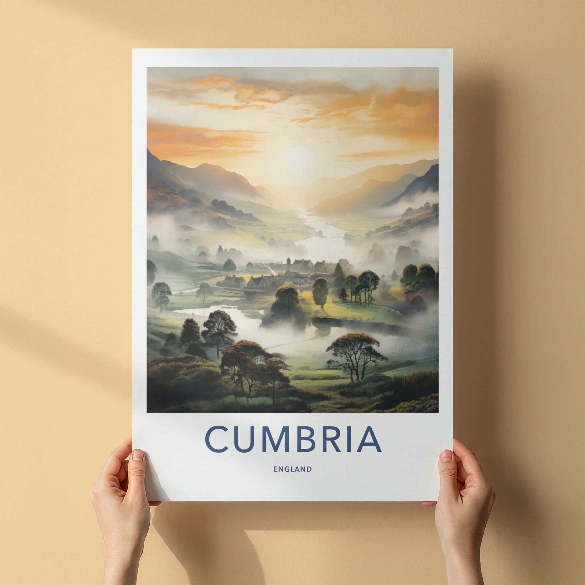 Cumbria Poster - England Travel Art - Misty River Village Home Decor