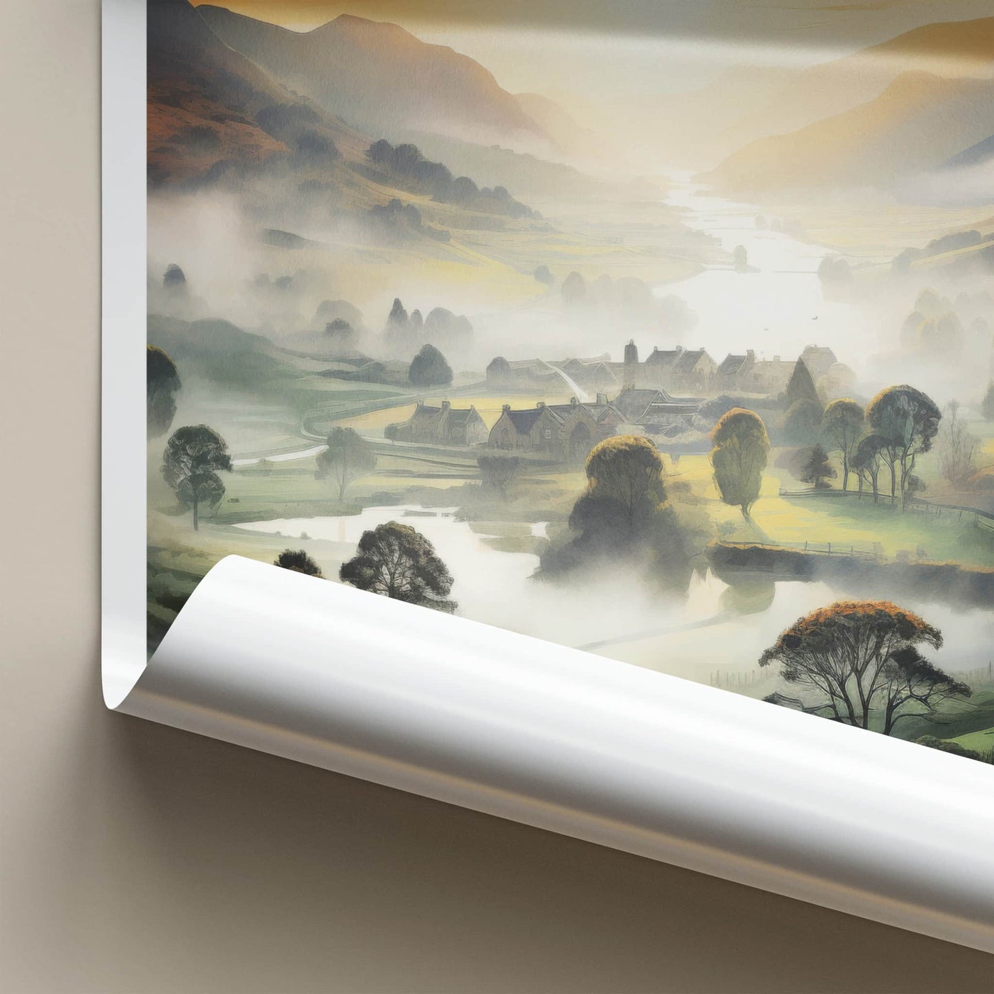 Cumbria Poster - England Travel Art - Misty River Village Home Decor