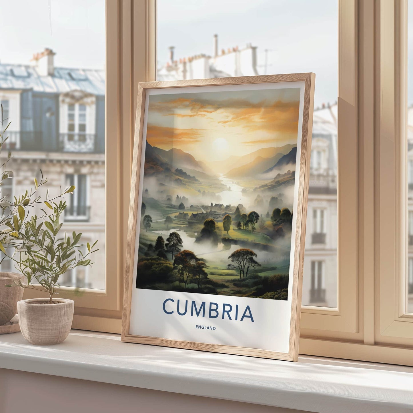 Cumbria Poster - England Travel Art - Misty River Village Home Decor