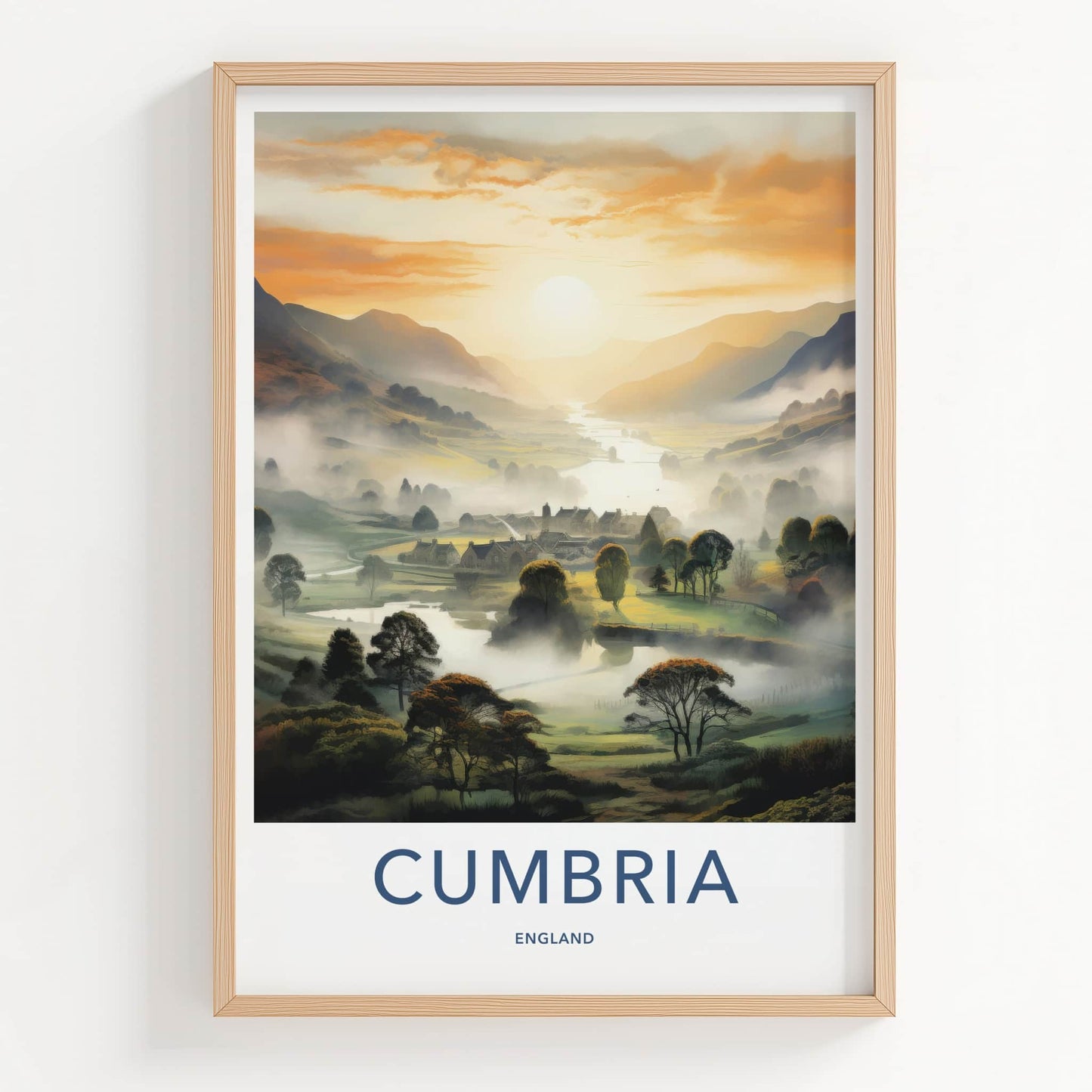 Cumbria Poster - England Travel Art - Misty River Village Home Decor