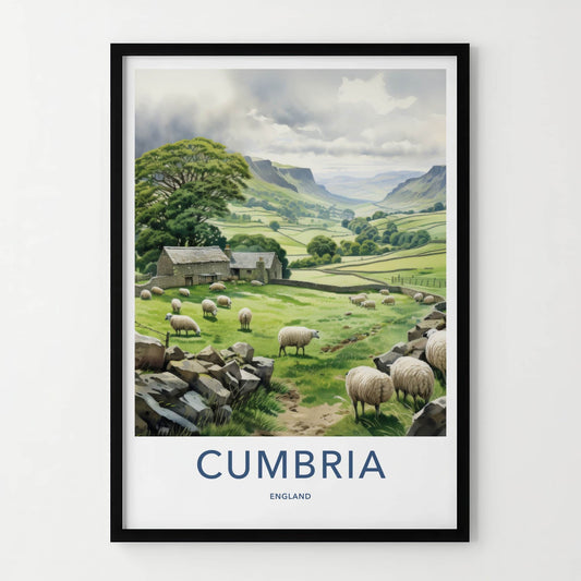Cumbria Poster - England Travel Art - Rural valley sheep Home Decor