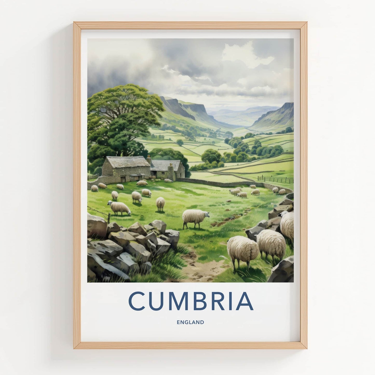 Cumbria Poster - England Travel Art - Rural valley sheep Home Decor