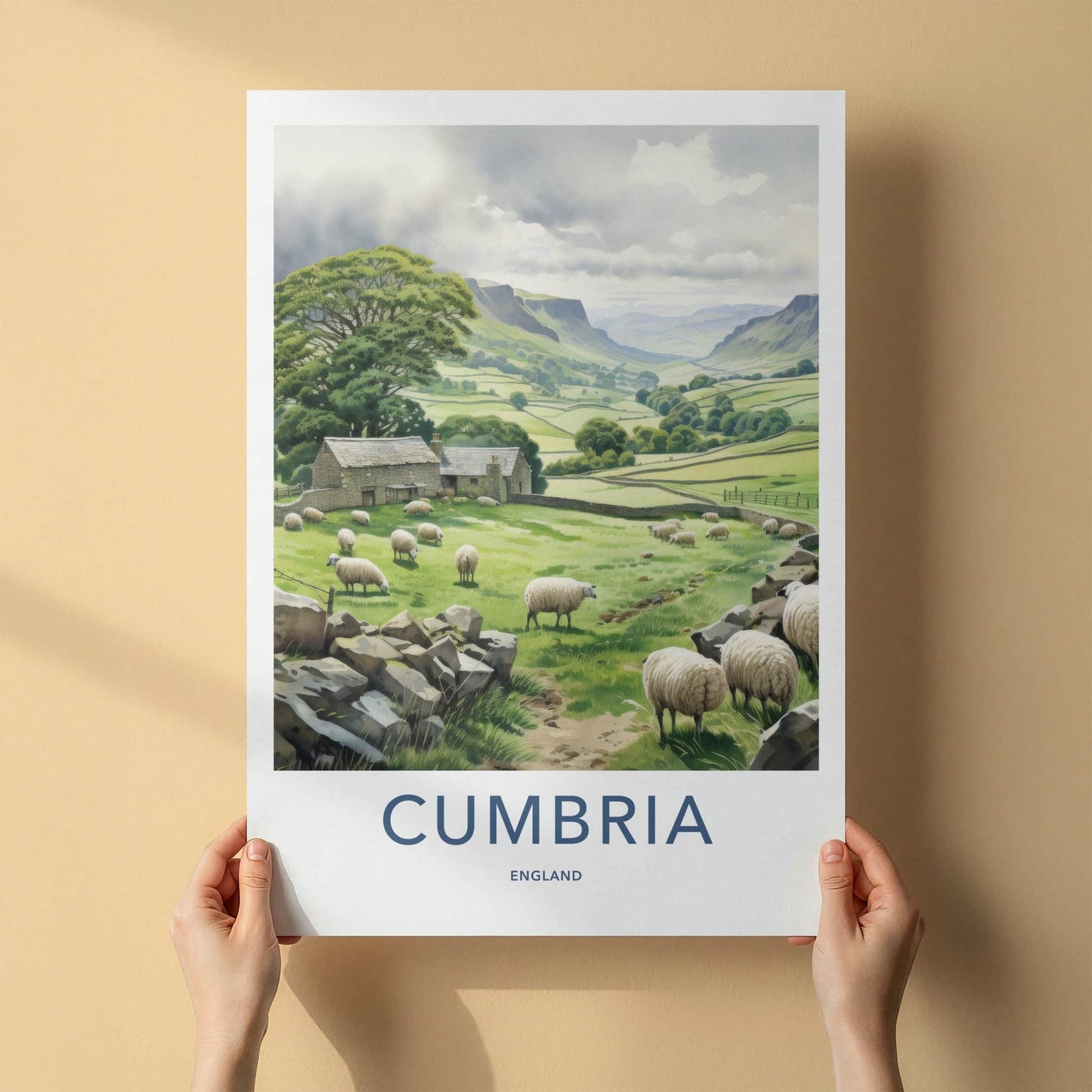 Cumbria Poster - England Travel Art - Rural valley sheep Home Decor