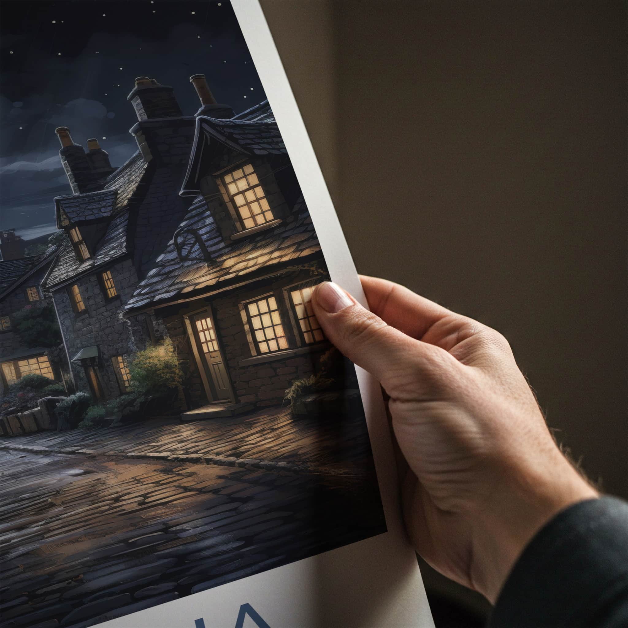 Cumbria Poster - England Wall Art - Moonlit Village Street Home Decor