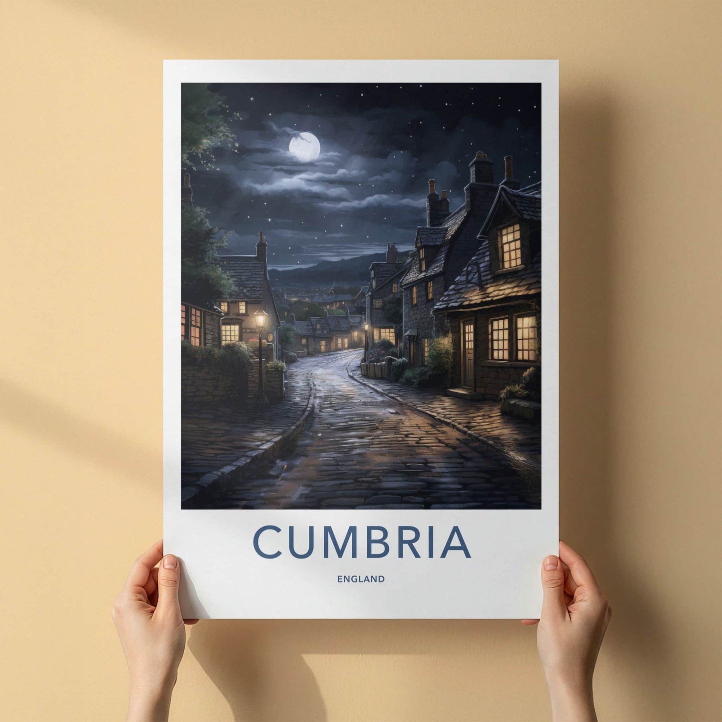 Cumbria Poster - England Wall Art - Moonlit Village Street Home Decor