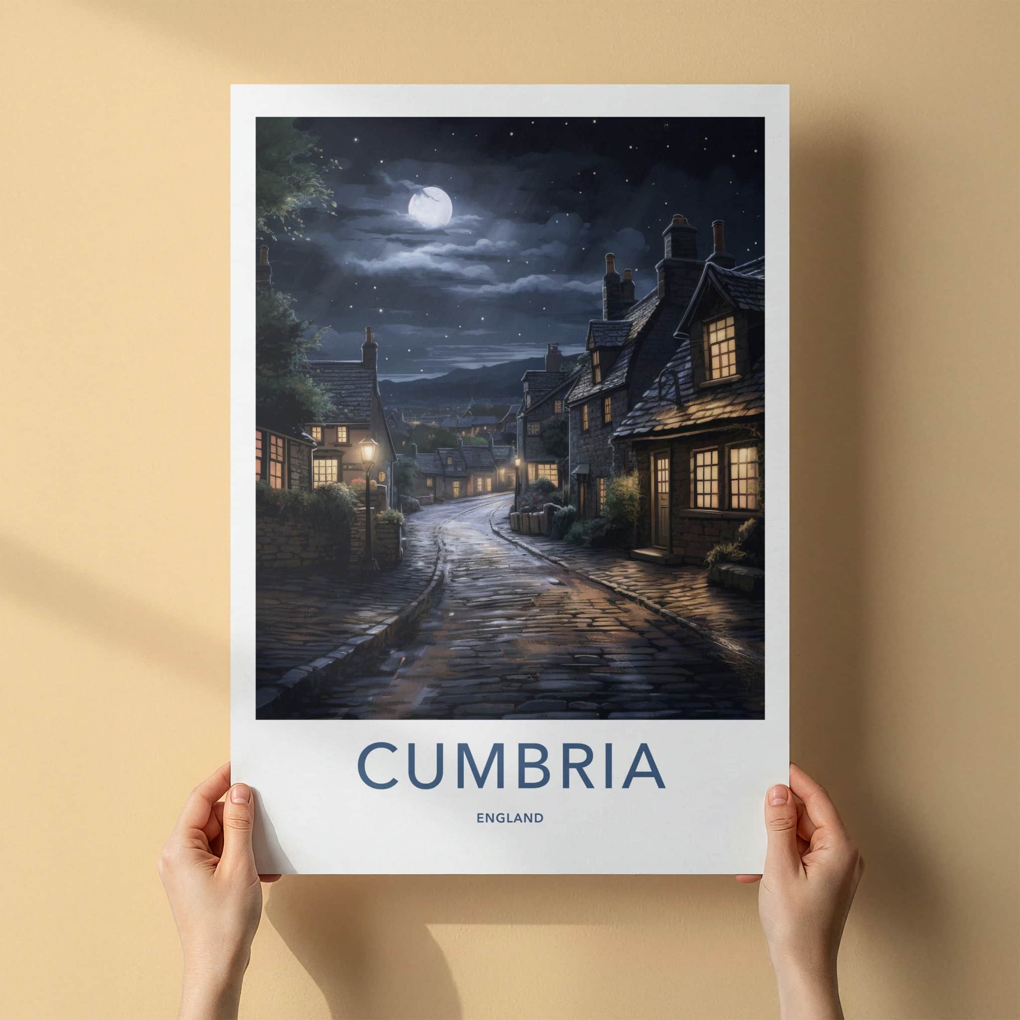 Cumbria Poster - England Wall Art - Moonlit Village Street Home Decor