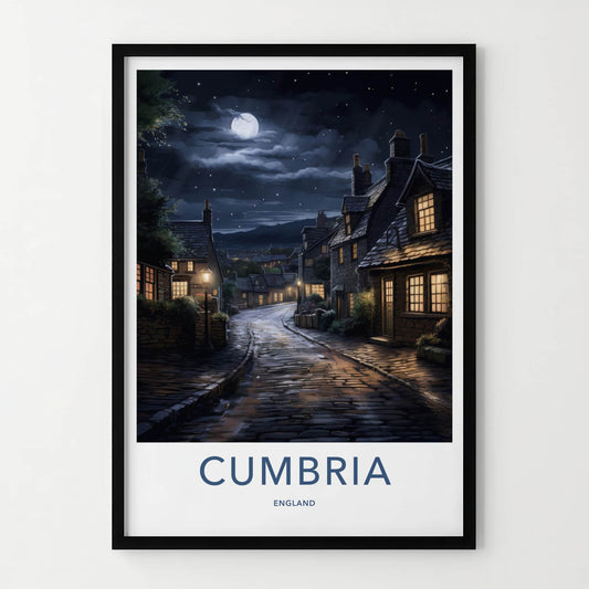 Cumbria Poster - England Wall Art - Moonlit Village Street Home Decor