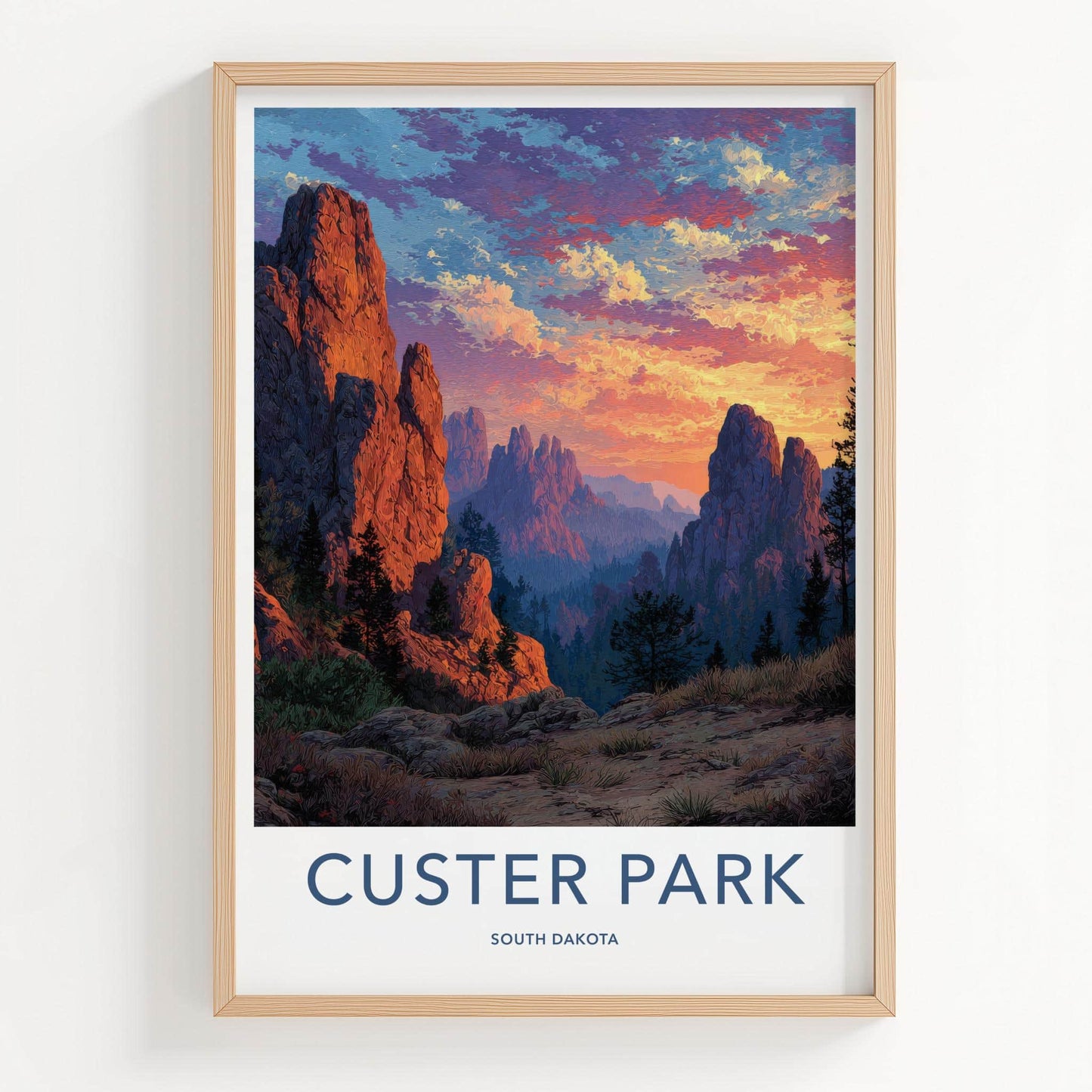 Custer Park Poster - South Dakota Travel Art - Colorful Mountain Sunset Wall Decor