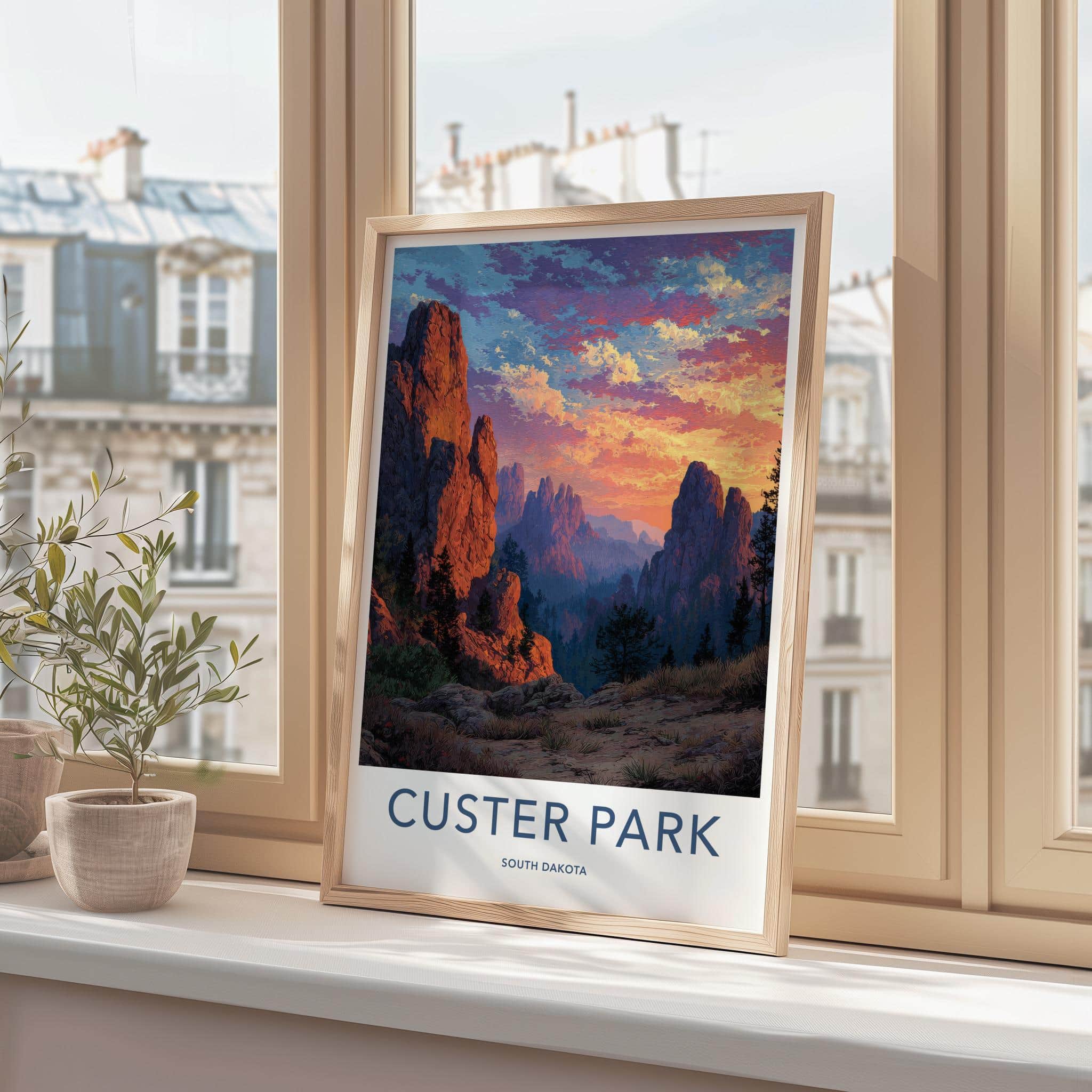 Custer Park Poster - South Dakota Travel Art - Colorful Mountain Sunset Wall Decor