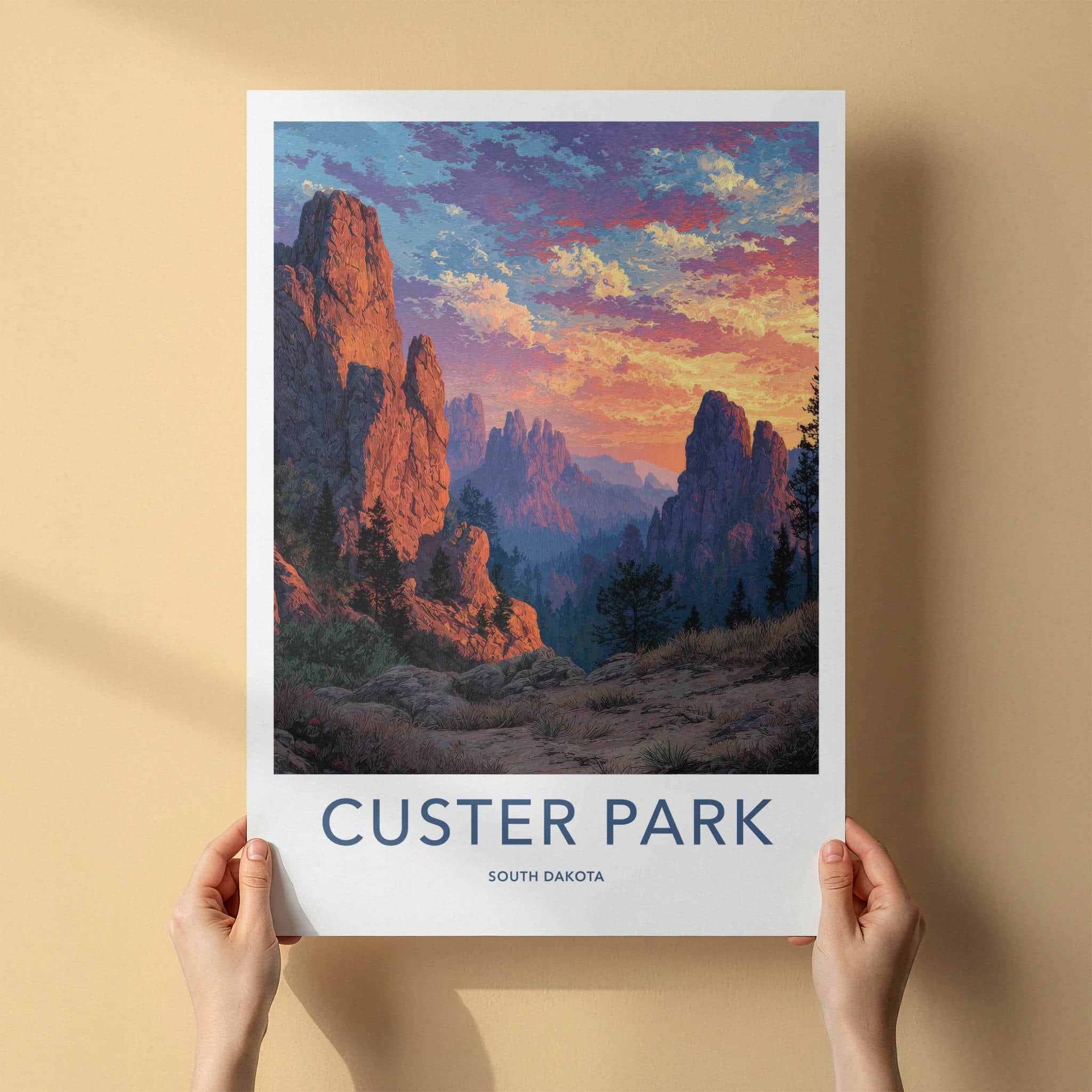 Custer Park Poster - South Dakota Travel Art - Colorful Mountain Sunset Wall Decor