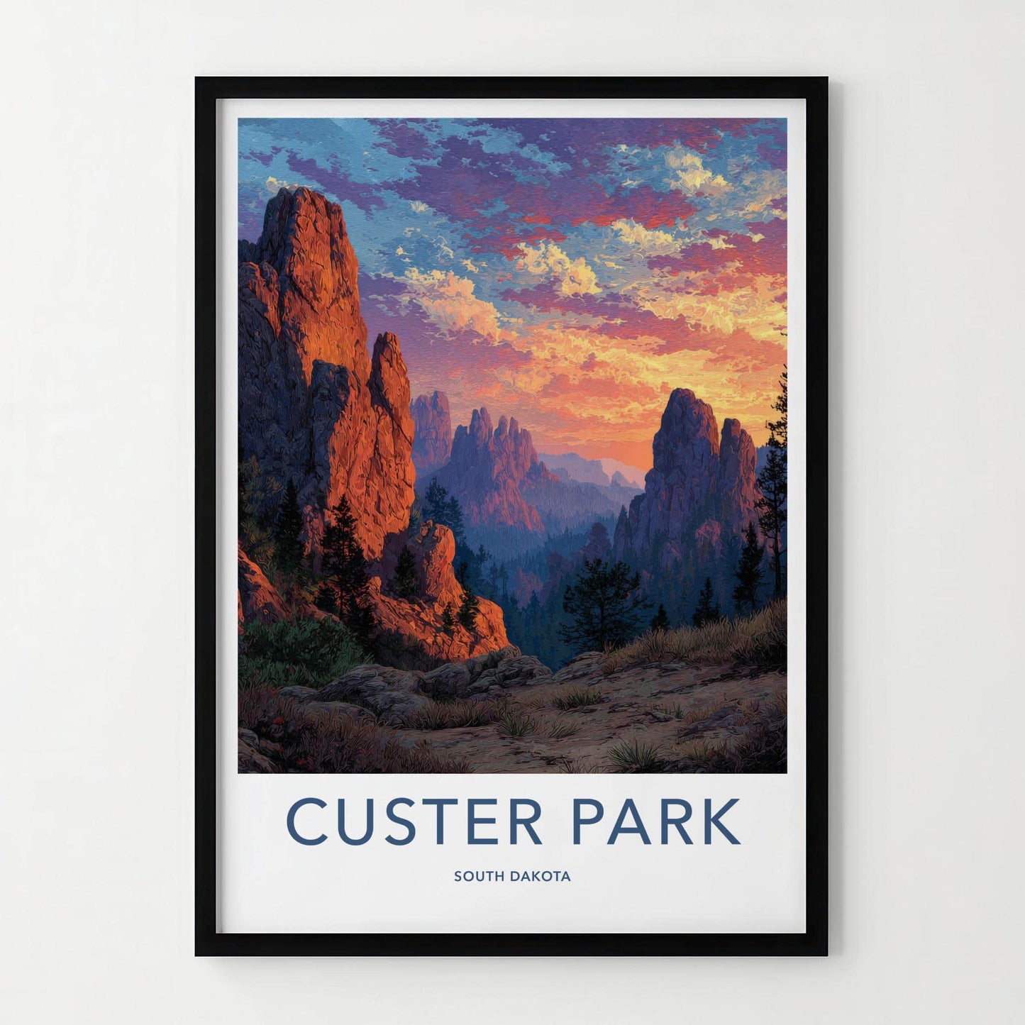 Custer Park Poster - South Dakota Travel Art - Colorful Mountain Sunset Wall Decor