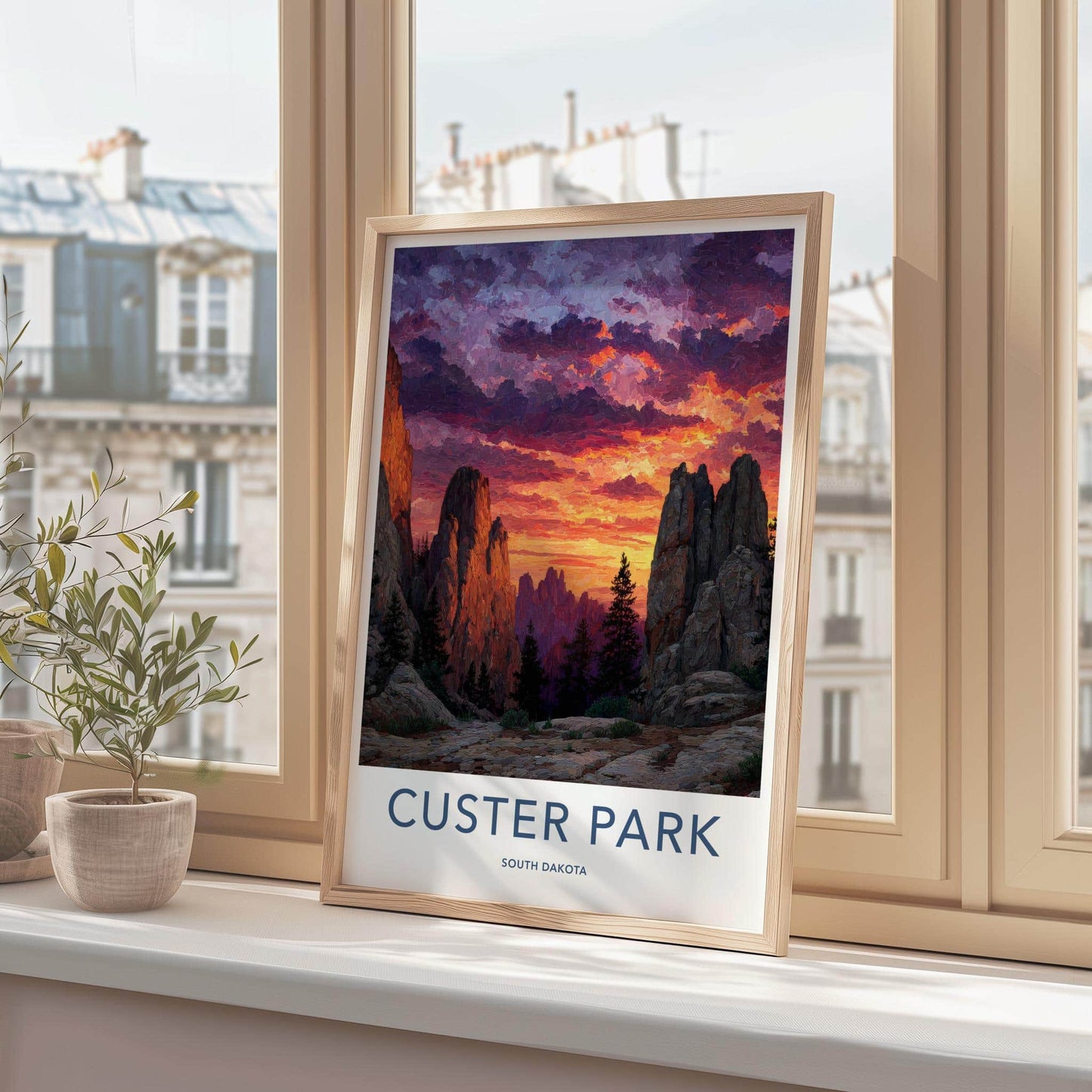 Custer Park Poster - South Dakota Travel Art - Dramatic Sunset Peaks Wall Decor