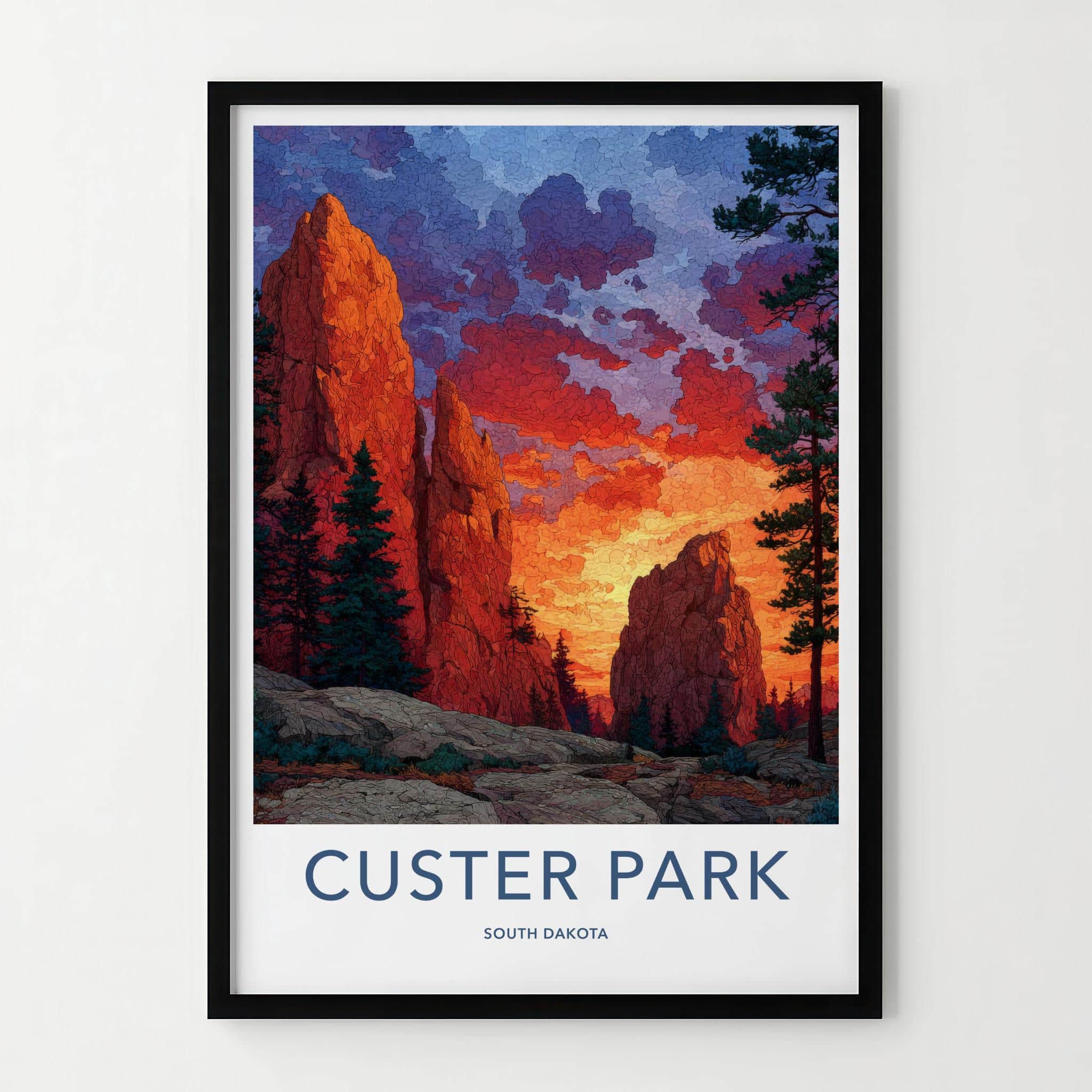 Custer Park Poster - South Dakota Travel Art - Vibrant Sunset Peaks Home Decor
