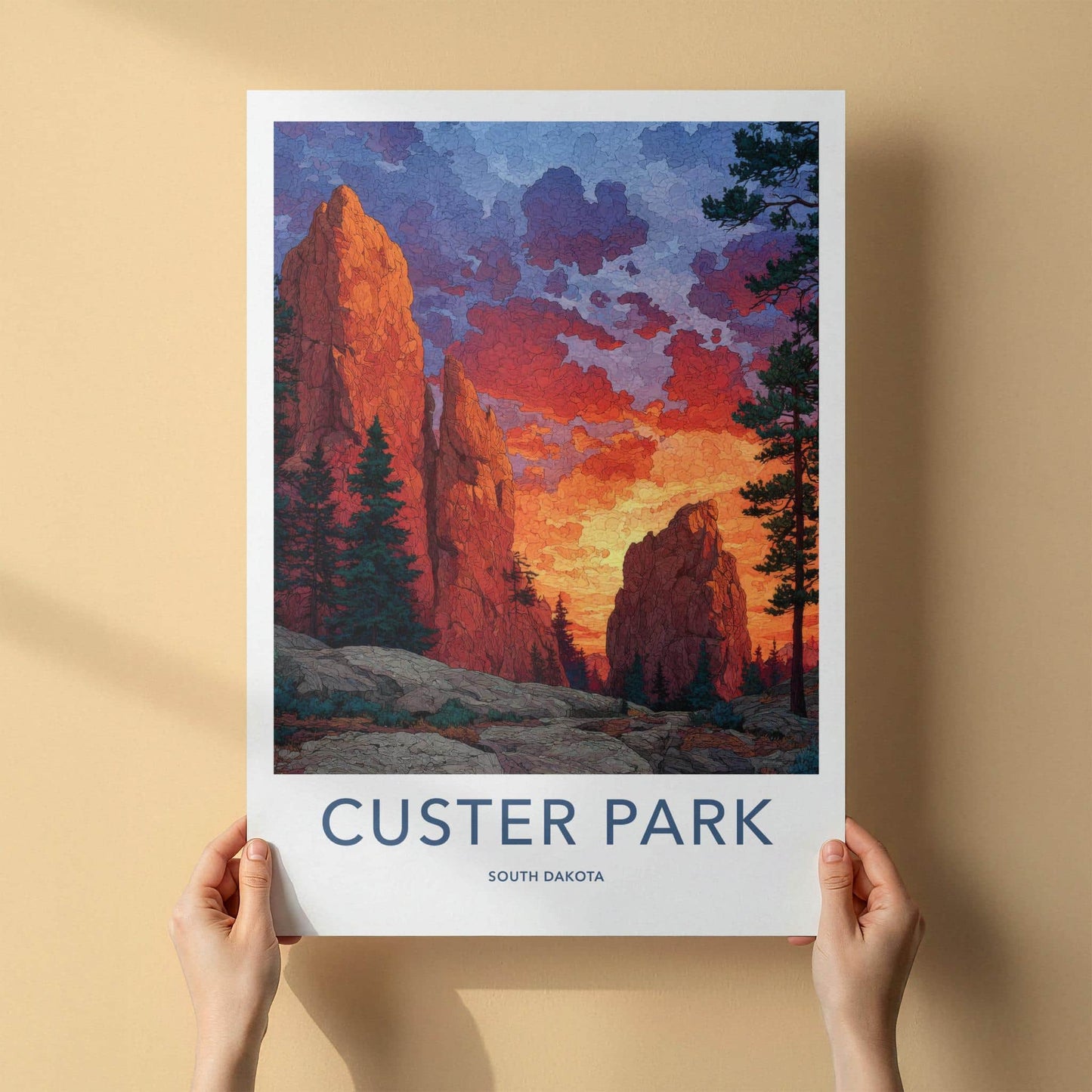 Custer Park Poster - South Dakota Travel Art - Vibrant Sunset Peaks Home Decor