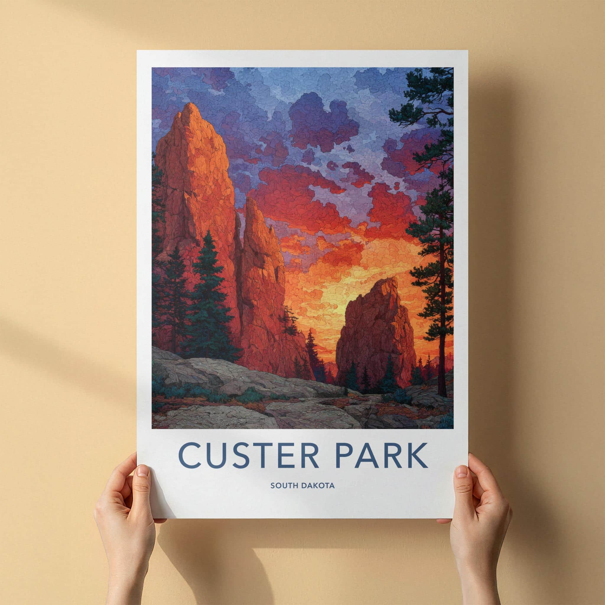 Custer Park Poster - South Dakota Travel Art - Vibrant Sunset Peaks Home Decor