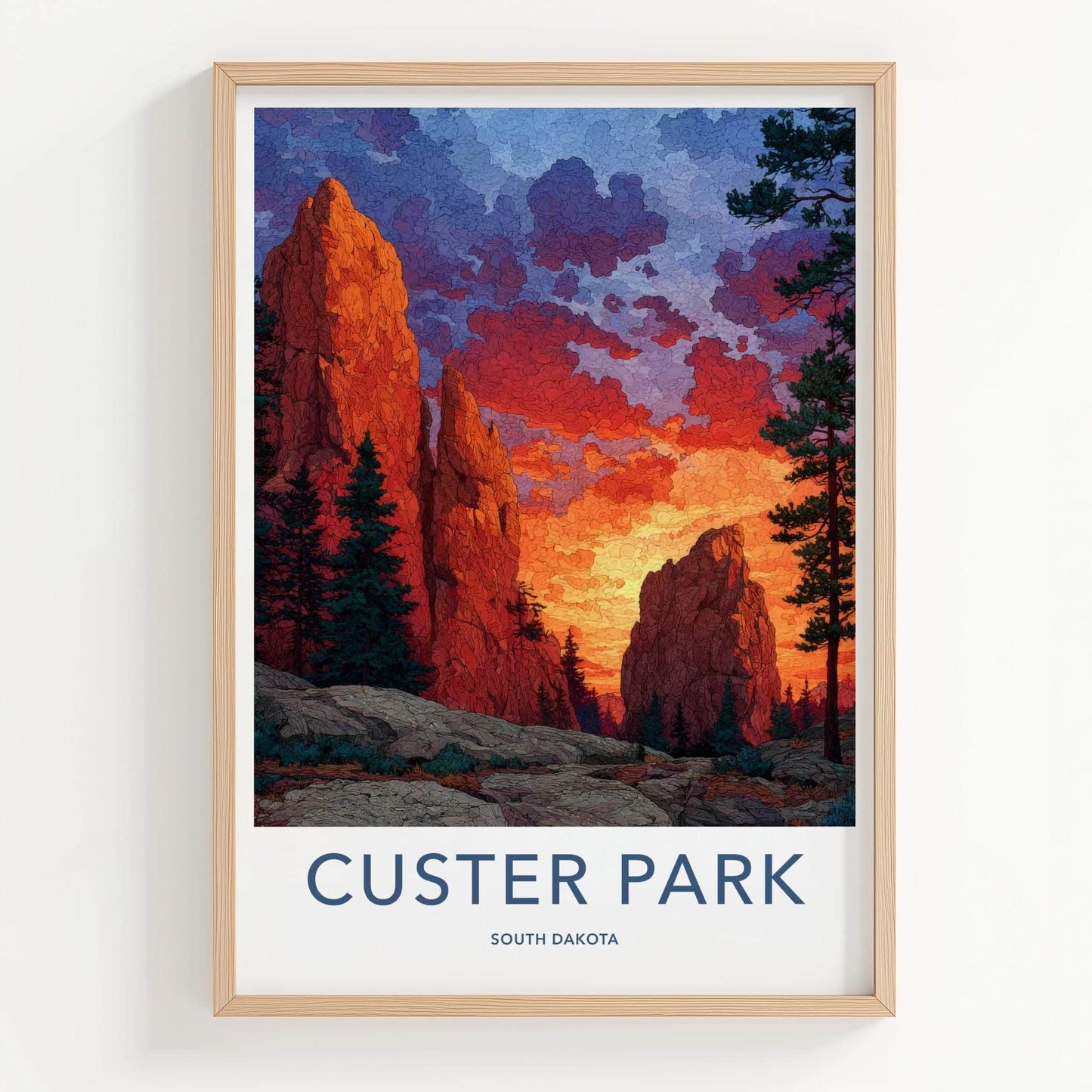 Custer Park Poster - South Dakota Travel Art - Vibrant Sunset Peaks Home Decor