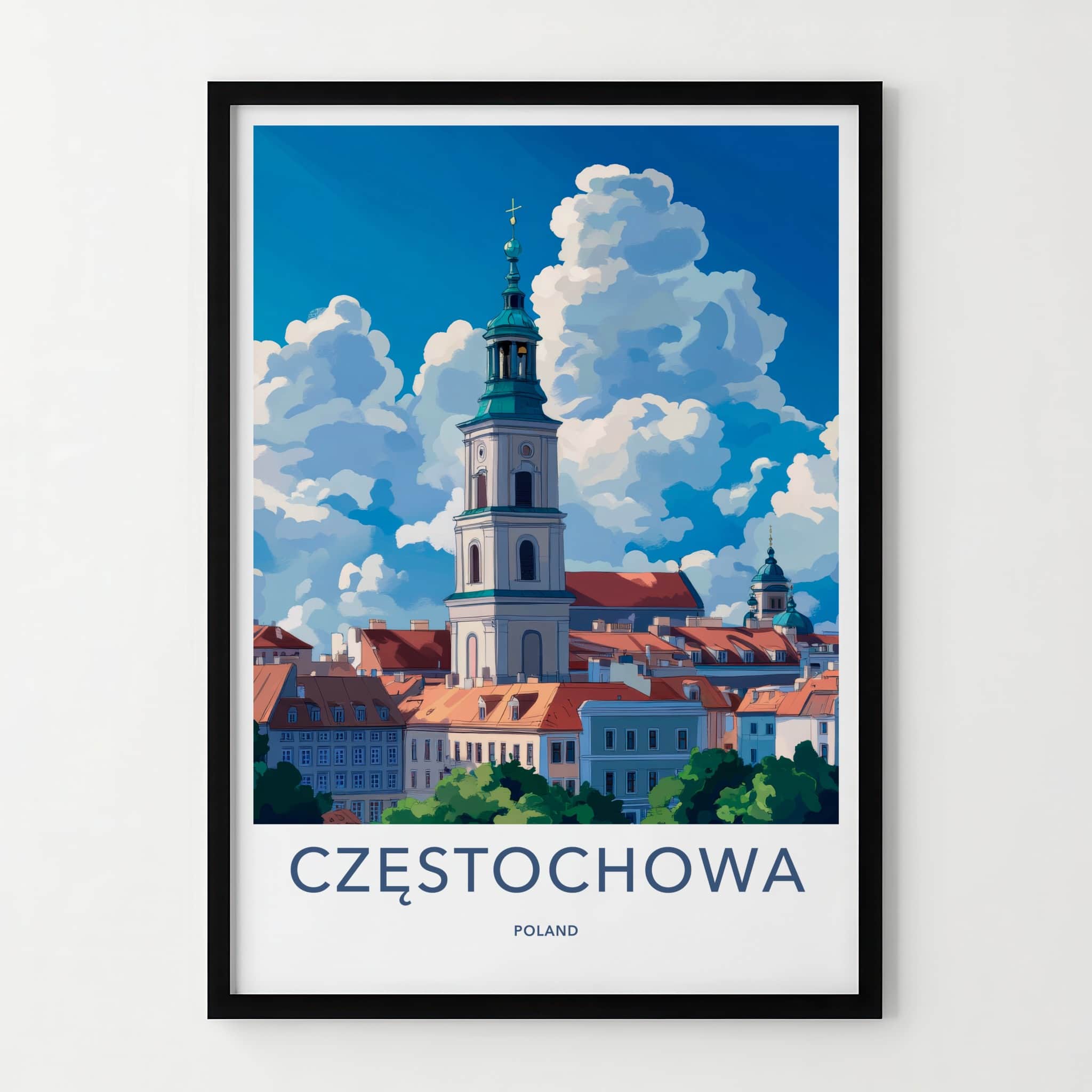 CZESTOCHOWA Poster - Poland Travel Art - Bell Tower Clouds Home Decor