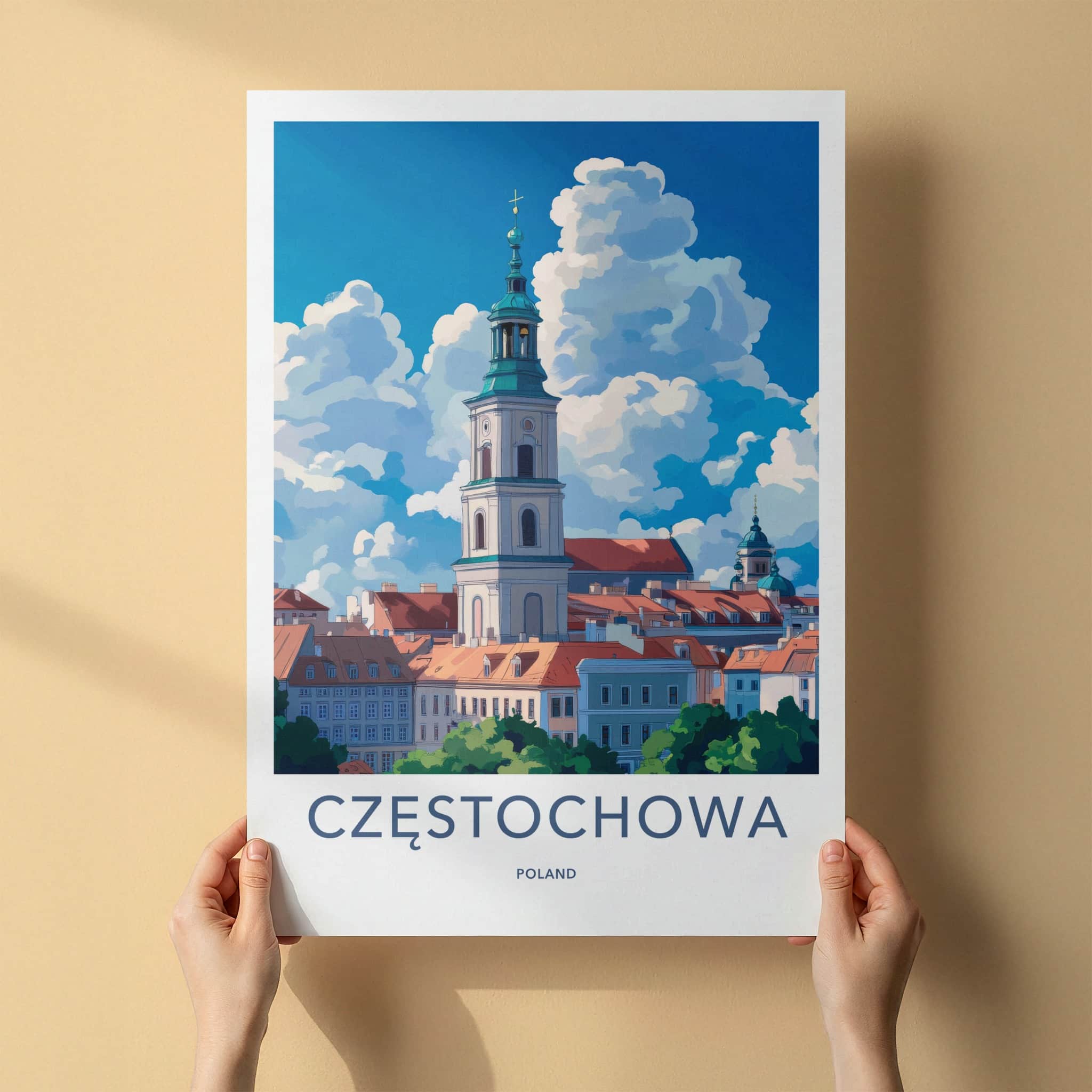 CZESTOCHOWA Poster - Poland Travel Art - Bell Tower Clouds Home Decor