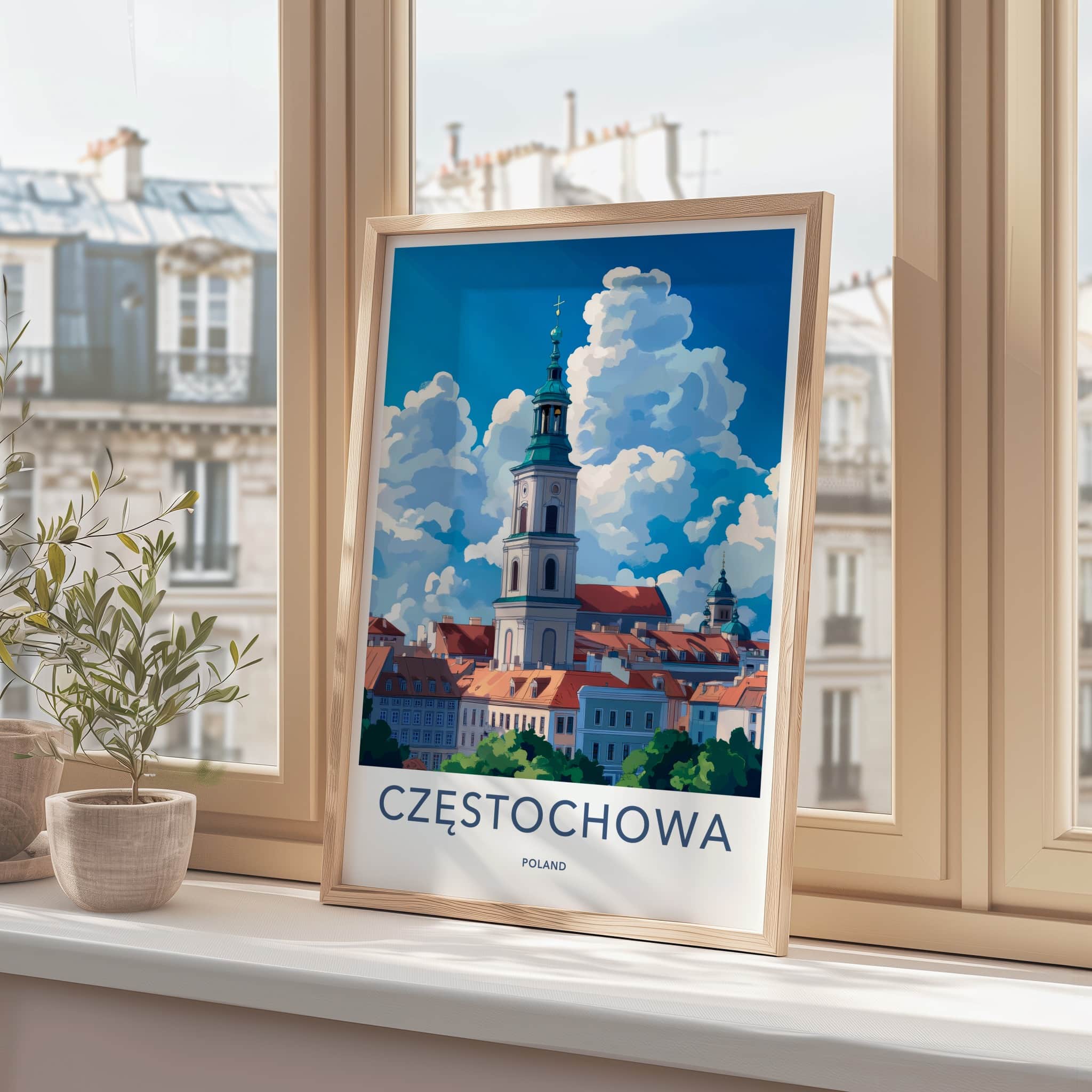 CZESTOCHOWA Poster - Poland Travel Art - Bell Tower Clouds Home Decor