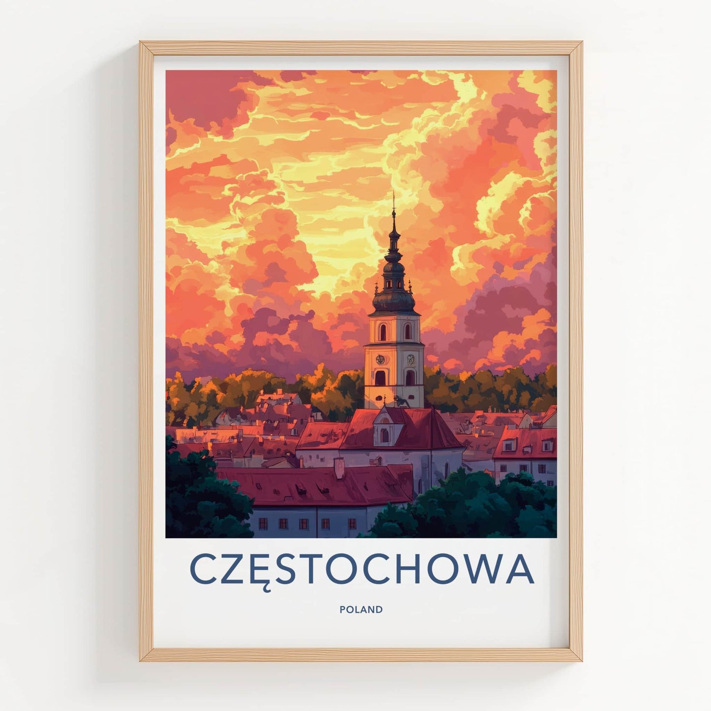 Czestochowa Poster - Poland Travel Print - Fiery Cloudscape City Home Art
