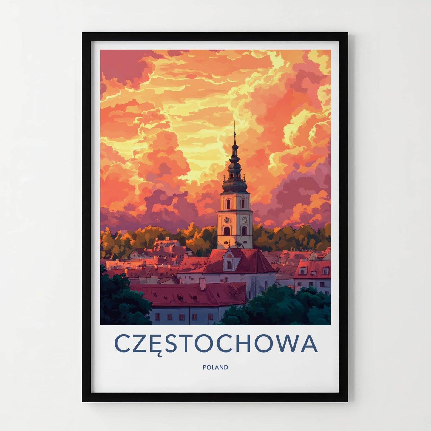 Czestochowa Poster - Poland Travel Print - Fiery Cloudscape City Home Art