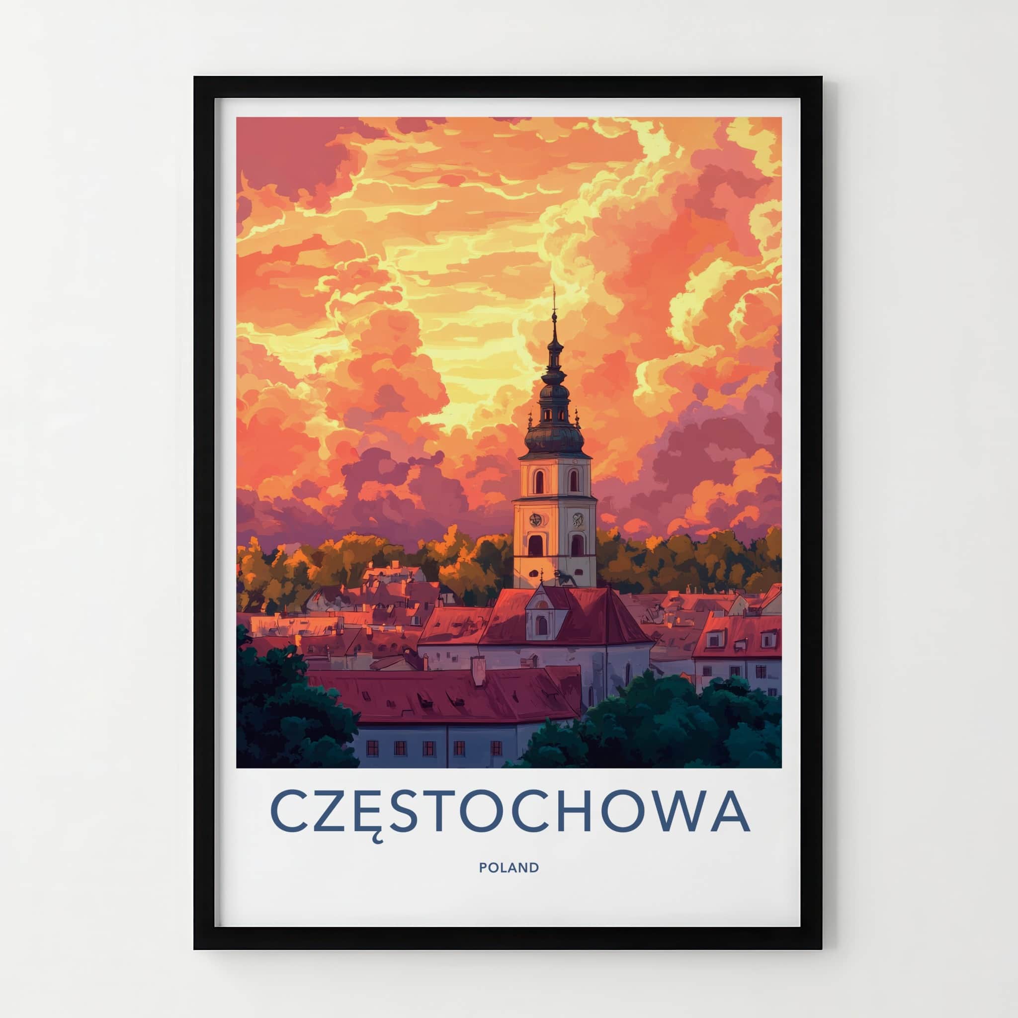 Czestochowa Poster - Poland Travel Print - Fiery Cloudscape City Home Art