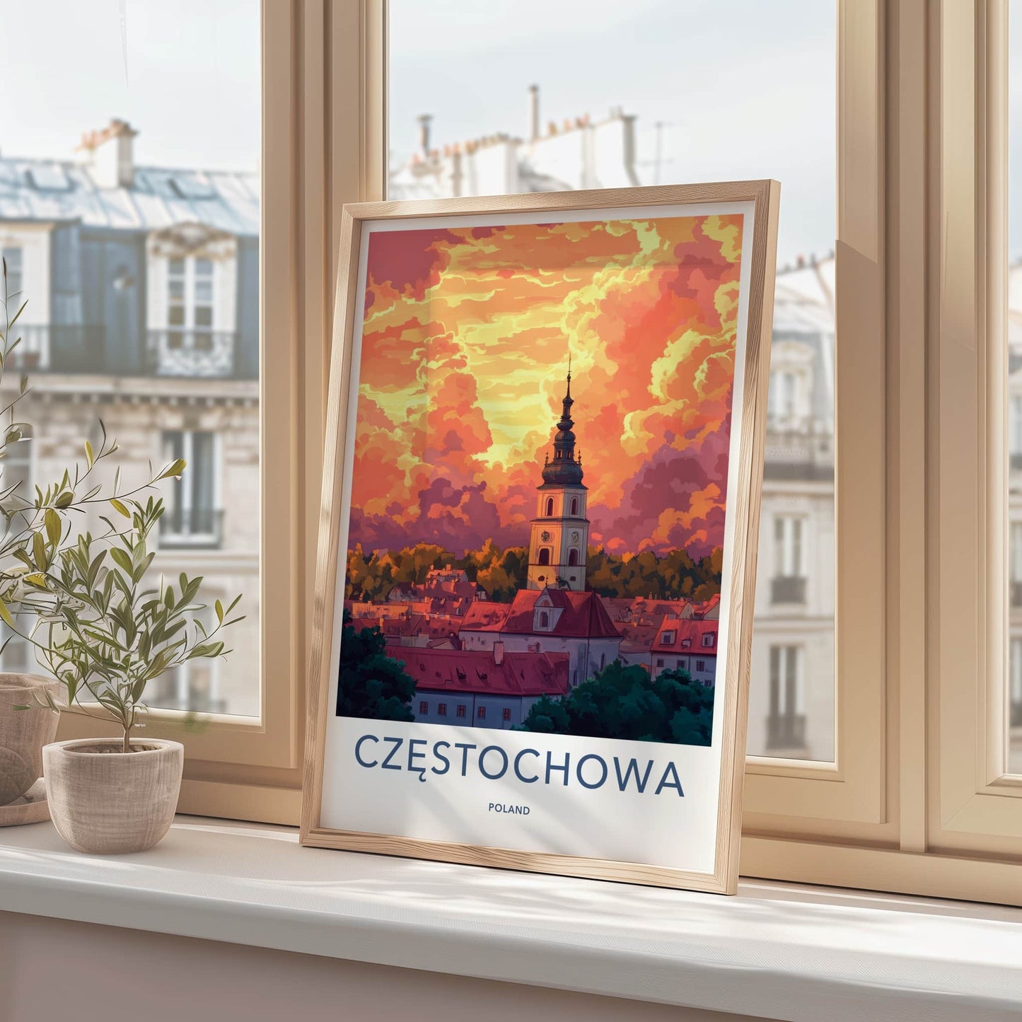 Czestochowa Poster - Poland Travel Print - Fiery Cloudscape City Home Art