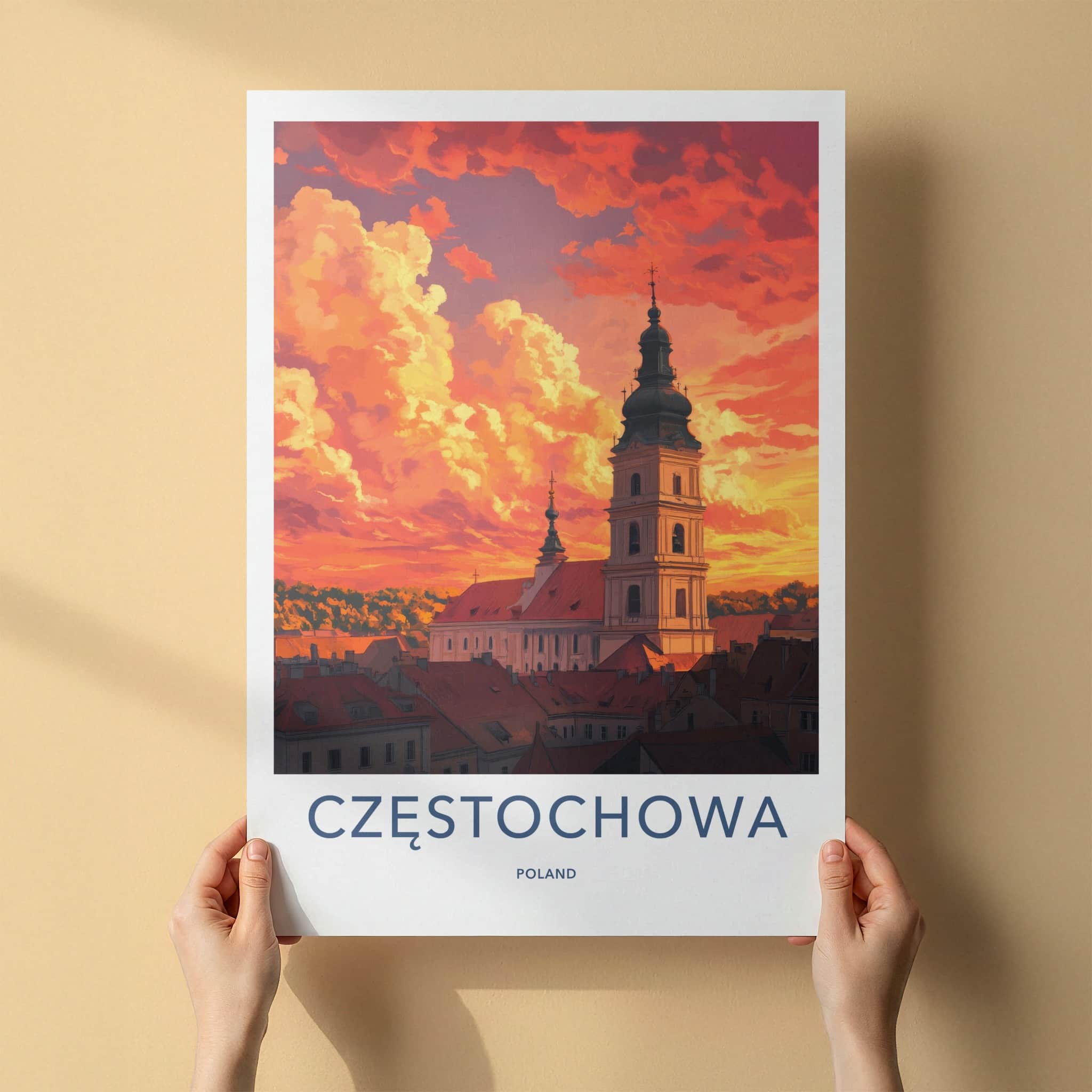 Czestochowa Poster - Poland Wall Art - Basilica Orange Sky Home Decor