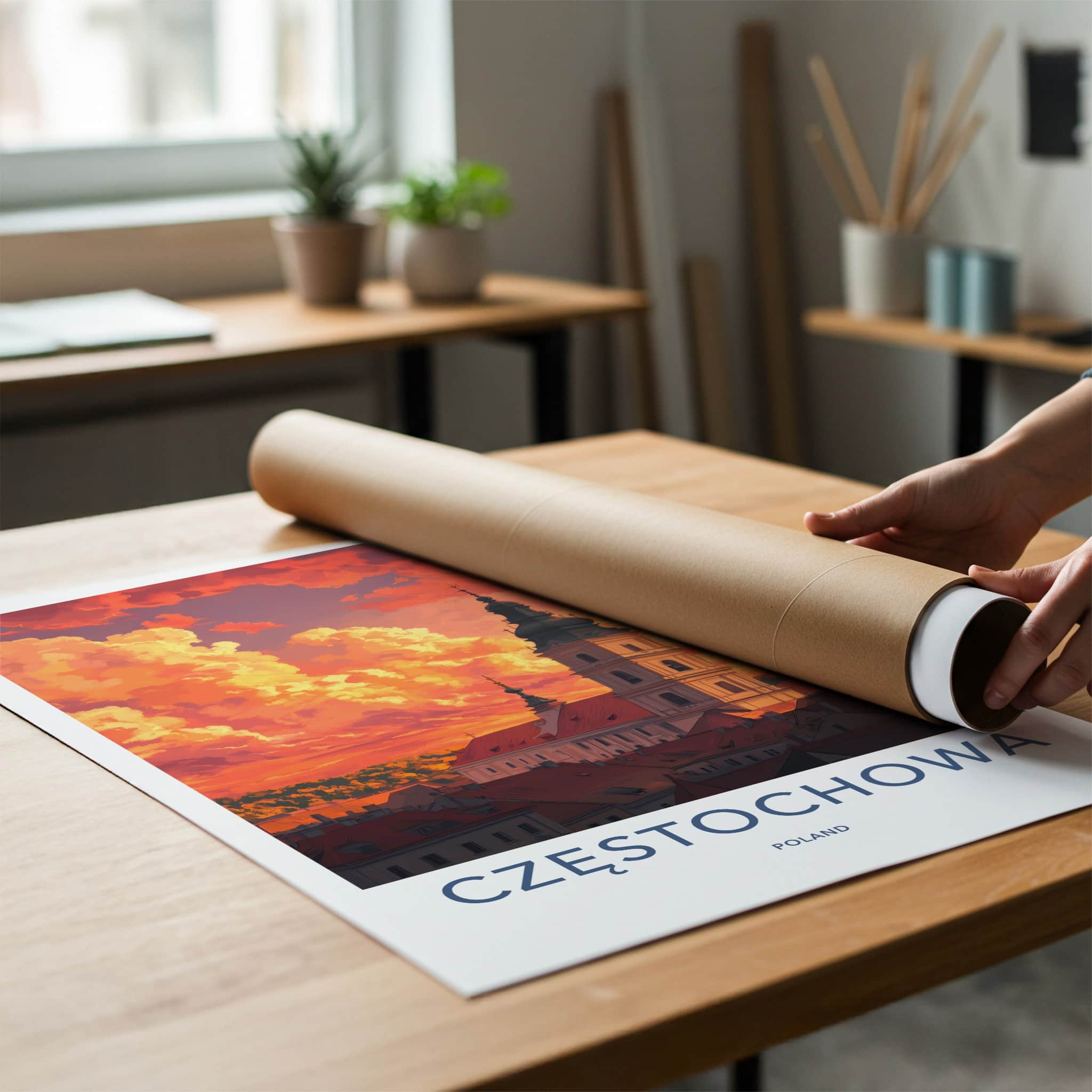 Czestochowa Poster - Poland Wall Art - Basilica Orange Sky Home Decor