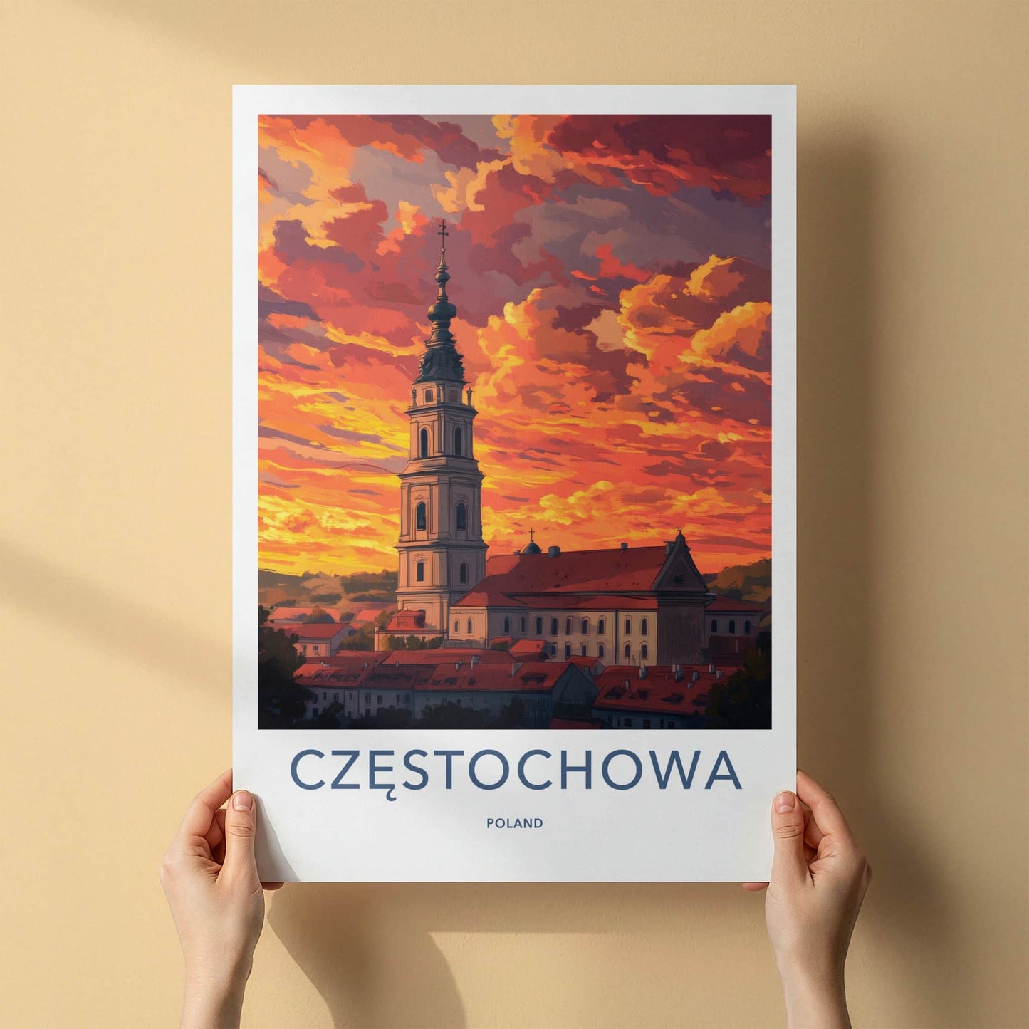 Czestochowa Poster - Poland Wall Art - Fiery Sunset Church Home Decor