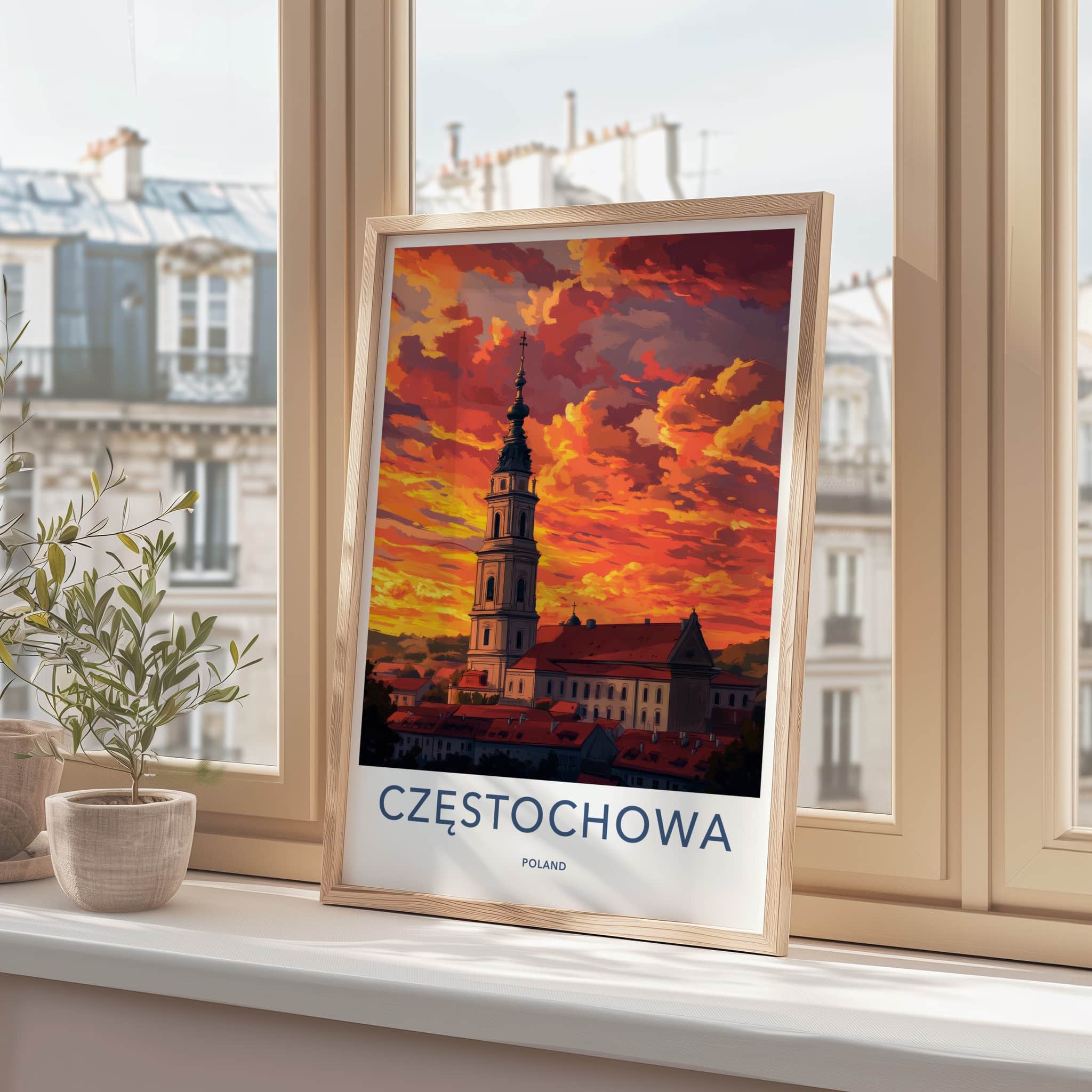 Czestochowa Poster - Poland Wall Art - Fiery Sunset Church Home Decor