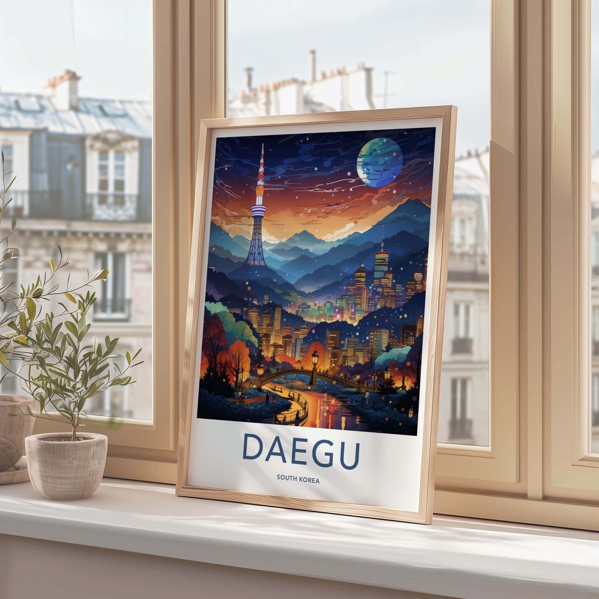Daegu Poster - South Korea Wall Art - Vibrant Cityscape Moon Home Decor