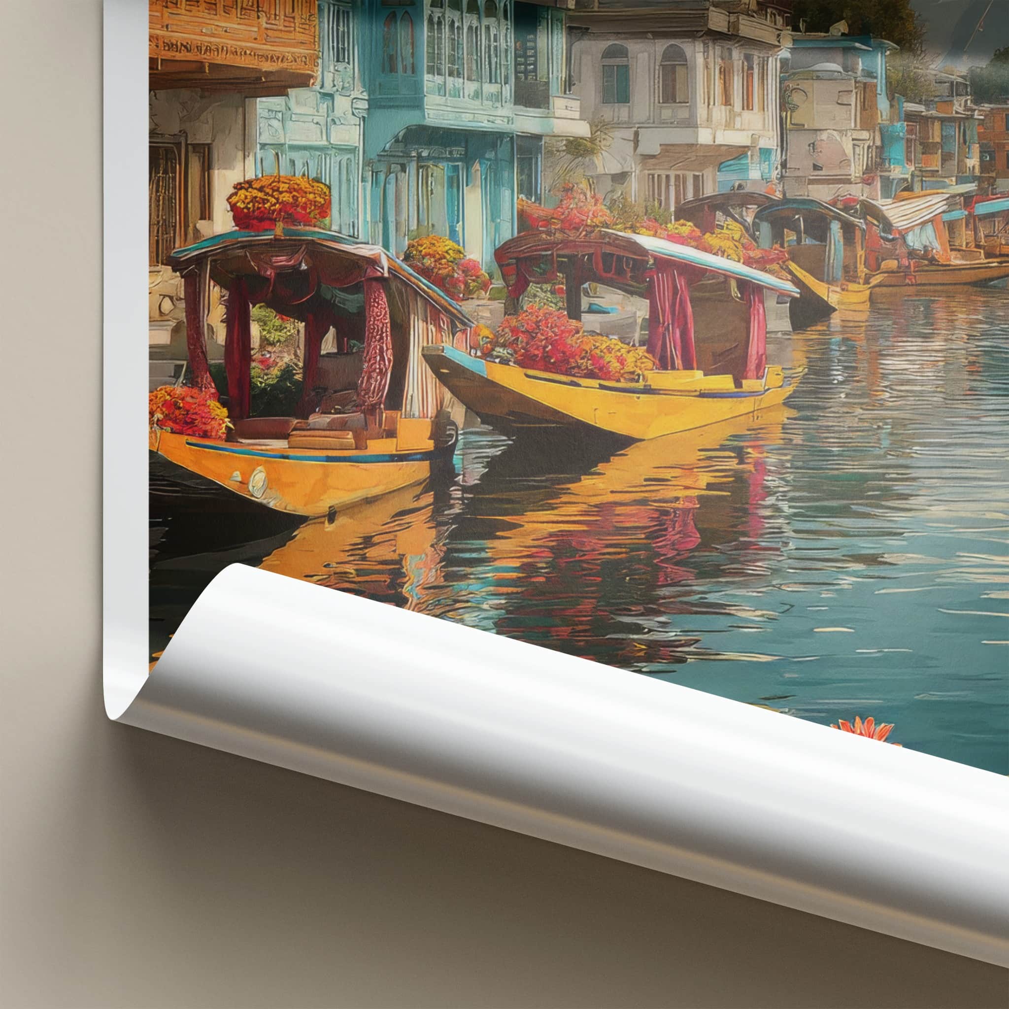 Dal Lake Poster - India Houseboats Nymphaeas Wall Decor