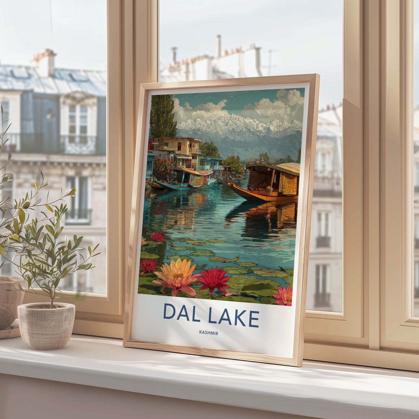 Dal Lake Poster - India Houseboats Snowcapped Mountains Home Decor