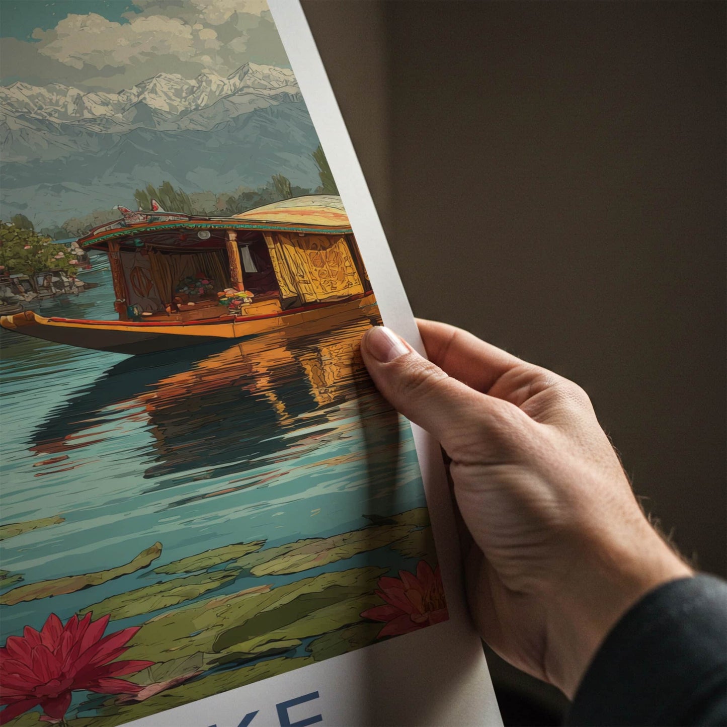 Dal Lake Poster - India Houseboats Snowcapped Mountains Home Decor