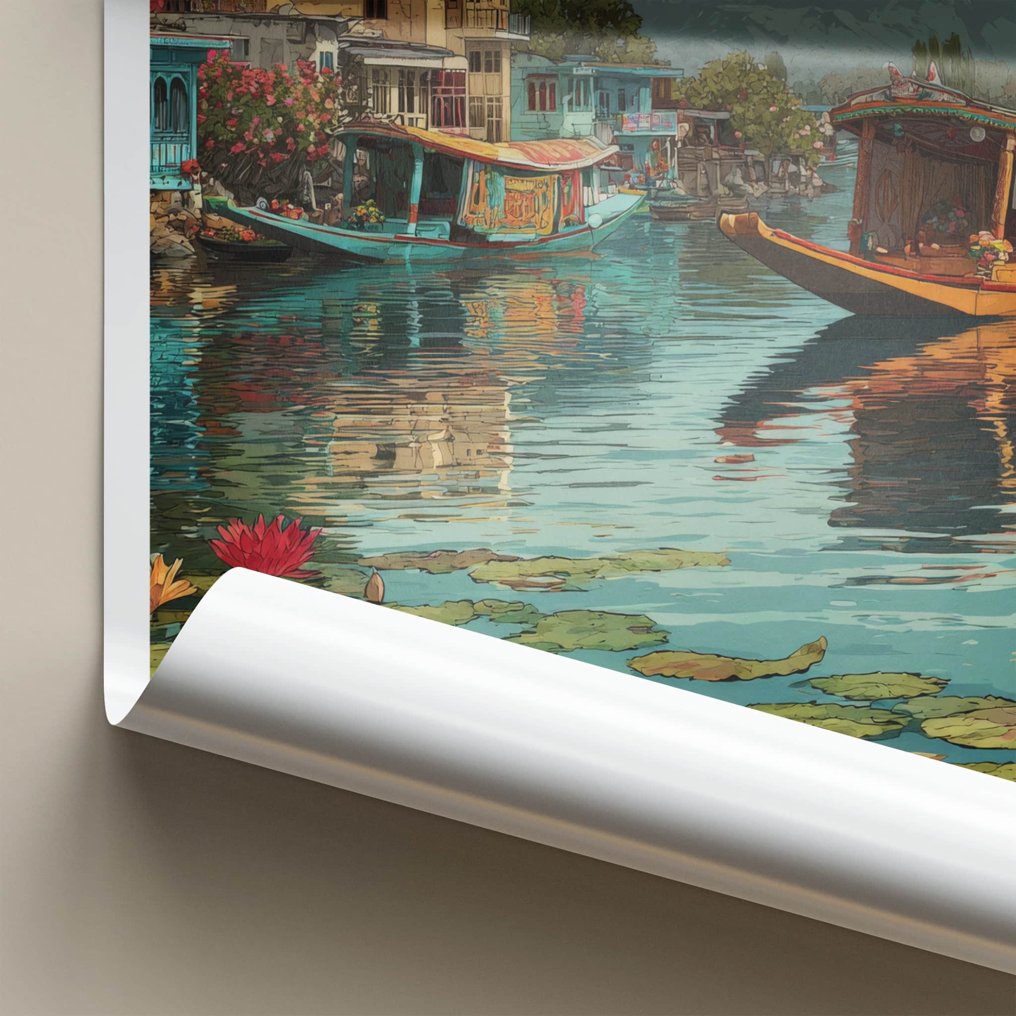 Dal Lake Poster - India Houseboats Snowcapped Mountains Home Decor