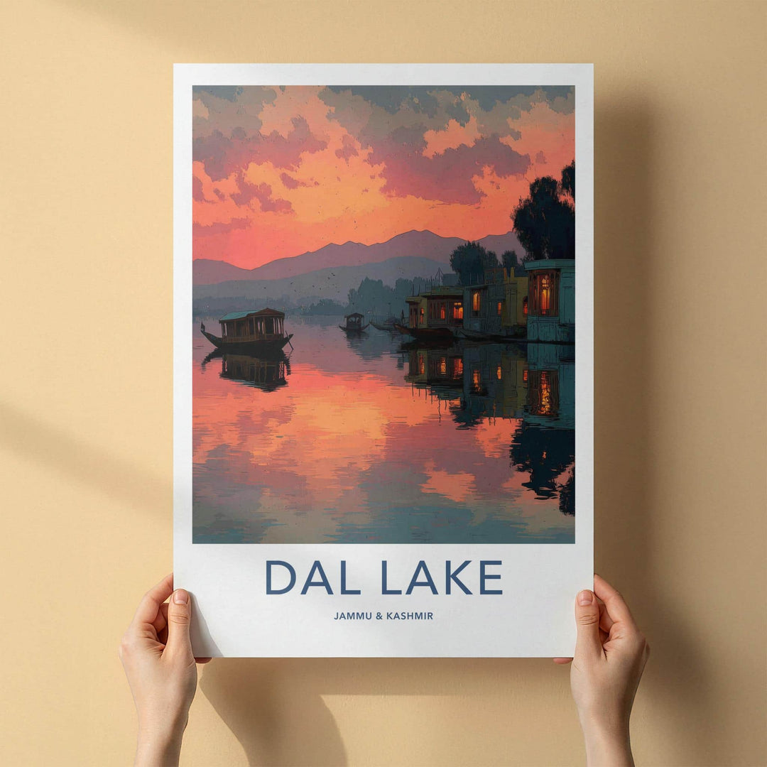 Dal Lake Poster - India Travel Art - Jammu Kashmir Scenic Houseboat Sunset Home Decor