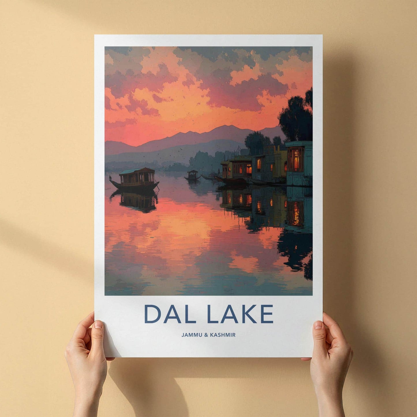 Dal Lake Poster - India Travel Art - Jammu Kashmir Scenic Houseboat Sunset Home Decor