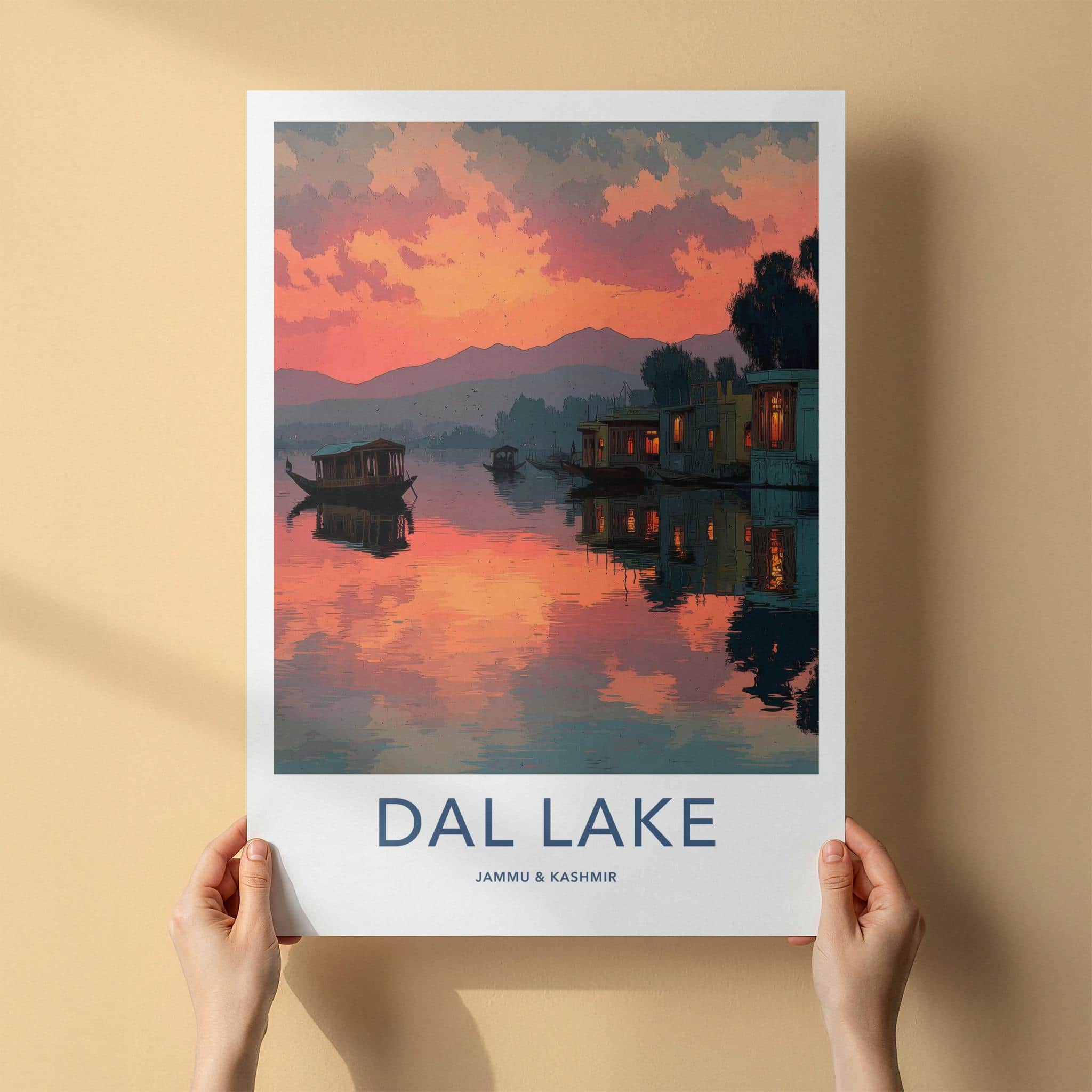 Dal Lake Poster - India Travel Art - Jammu Kashmir Scenic Houseboat Sunset Home Decor