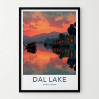 Dal Lake Poster - India Travel Art - Jammu Kashmir Scenic Houseboat Sunset Home Decor