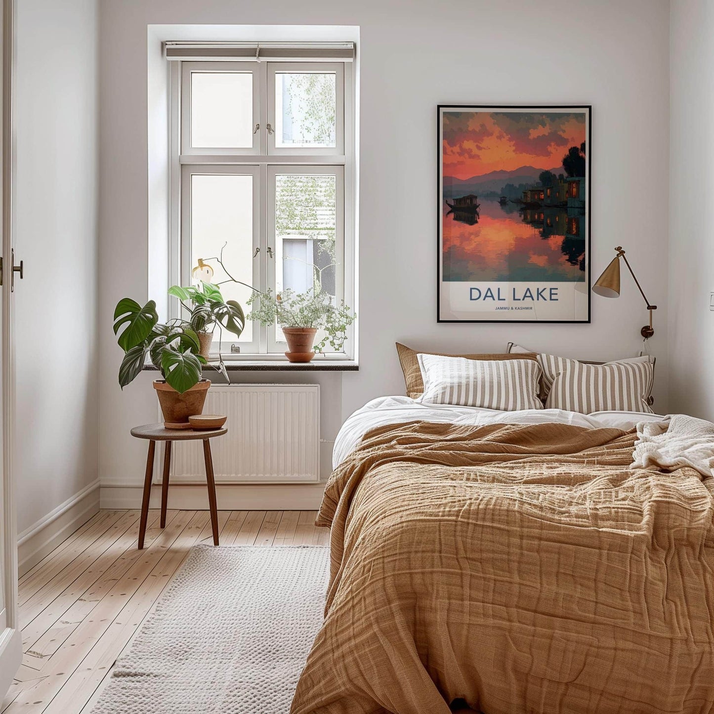 Dal Lake Poster - India Travel Art - Jammu Kashmir Scenic Houseboat Sunset Home Decor