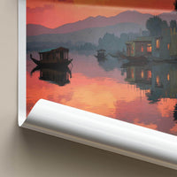 Dal Lake Poster - India Travel Art - Jammu Kashmir Scenic Houseboat Sunset Home Decor